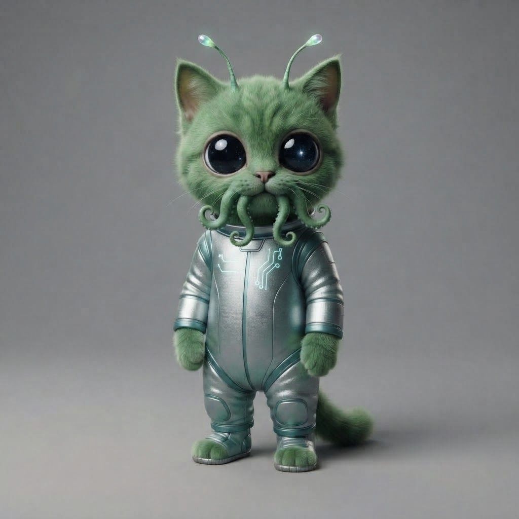 AI Design for All right use this design template as a base for alien cat that is like green it has like completely black eyes with white tint and like give him antennas tentacles and just funny features but don't over complicate the design so give him like really big eyes and alien features and give them like space suit or something but don't over complicate it and remove the the brown mane