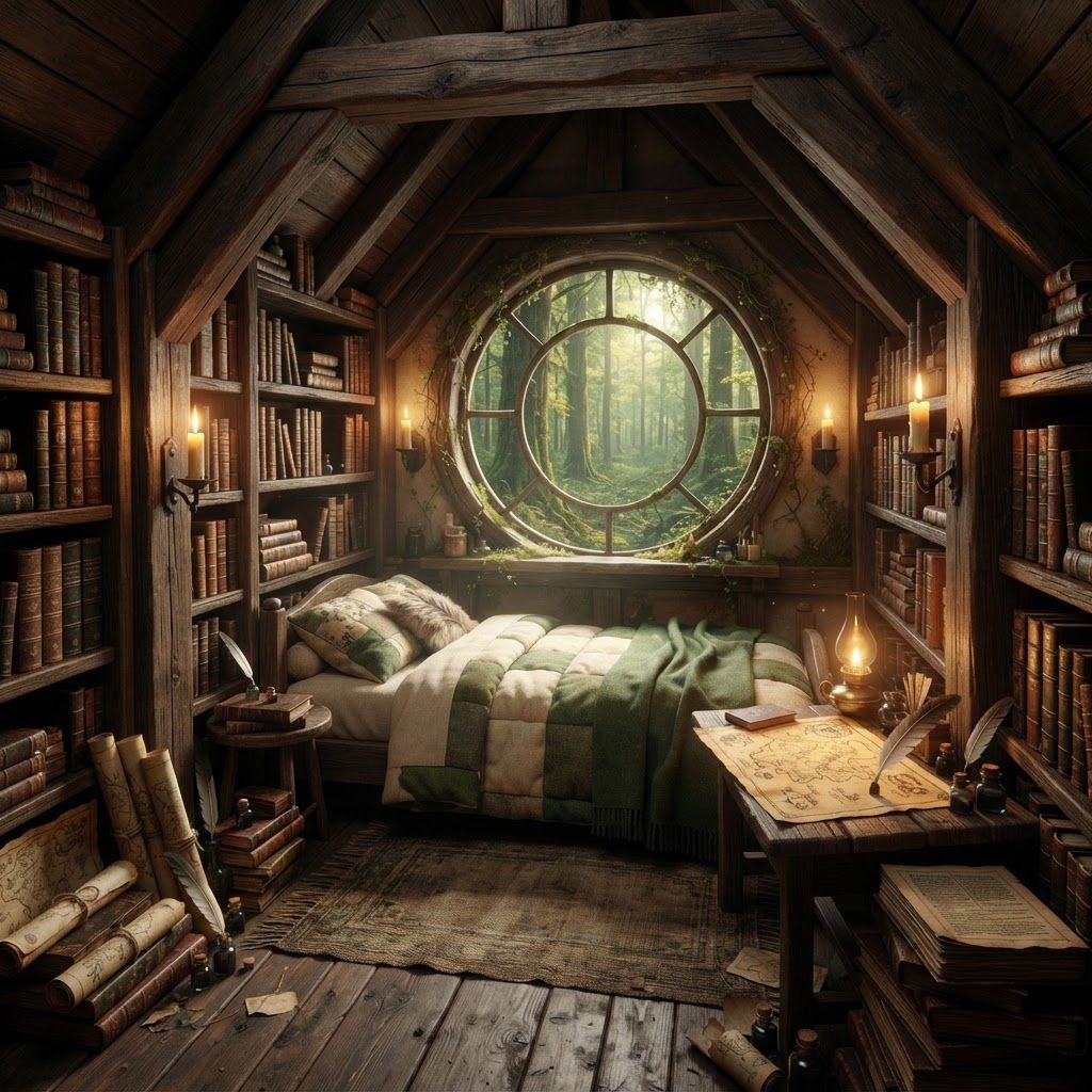 AI Design for A cozy medieval fantasy bedroom hidden inside the upper loft of an ancient woodland archive in Elderwood. Warm wooden beams, enormous shelves of old books surrounding the room, rolled maps, handwritten manuscripts, little bottles of ink, quill pens, and carefully organized stacks of books. A small comfortable bed sits beneath a slanted wooden roof, covered with soft cream and forest-green blankets. A round window looks out over the enormous Elderwood forest. Several warm candles and a small oil lamp illuminate the room, creating golden pools of light against the darker wooden interior. A tiny writing desk sits beside the bed with an open map and quill. Subtle moss and vines grow around the window frame. Cozy, quiet, scholarly, magical woodland atmosphere, realistic textures, cinematic dark-fantasy lighting, nostalgic childhood fantasy feeling, beautifully detailed but natural, no characters.