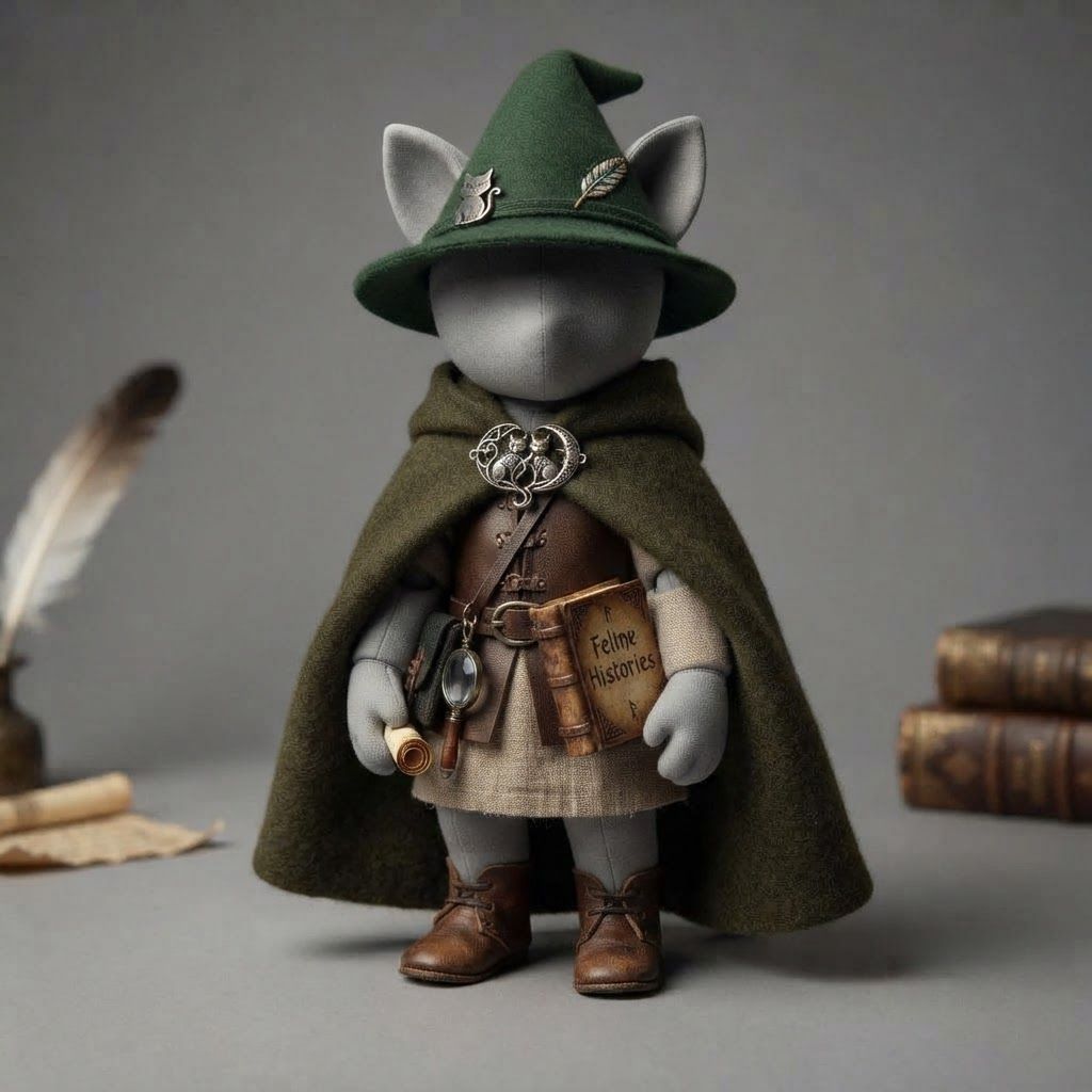 AI Design for I'm running a cat fantasy series and I was thinking of doing outfit variants on a mannequin ao design like a an librarian with a green hat and green cloak outfit and make it all pretty medieval