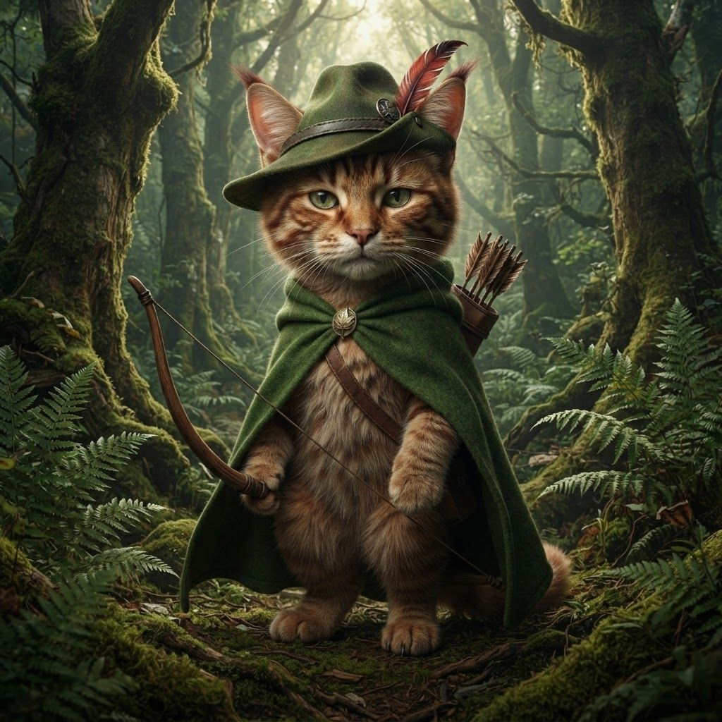 AI Design for The cat that I show you here on the image is how the image I want to look essentially a cat in a forest with all of these features with colored ear tips to stripes All across its body to the cloak to the Hat into all the features being present it make it into a more realistic cat it's still gave its hair that's reddish brown it's it's ears it's ear tips it's stripes on its cheeks on its whole body and really make it iconic in that fantasy feel