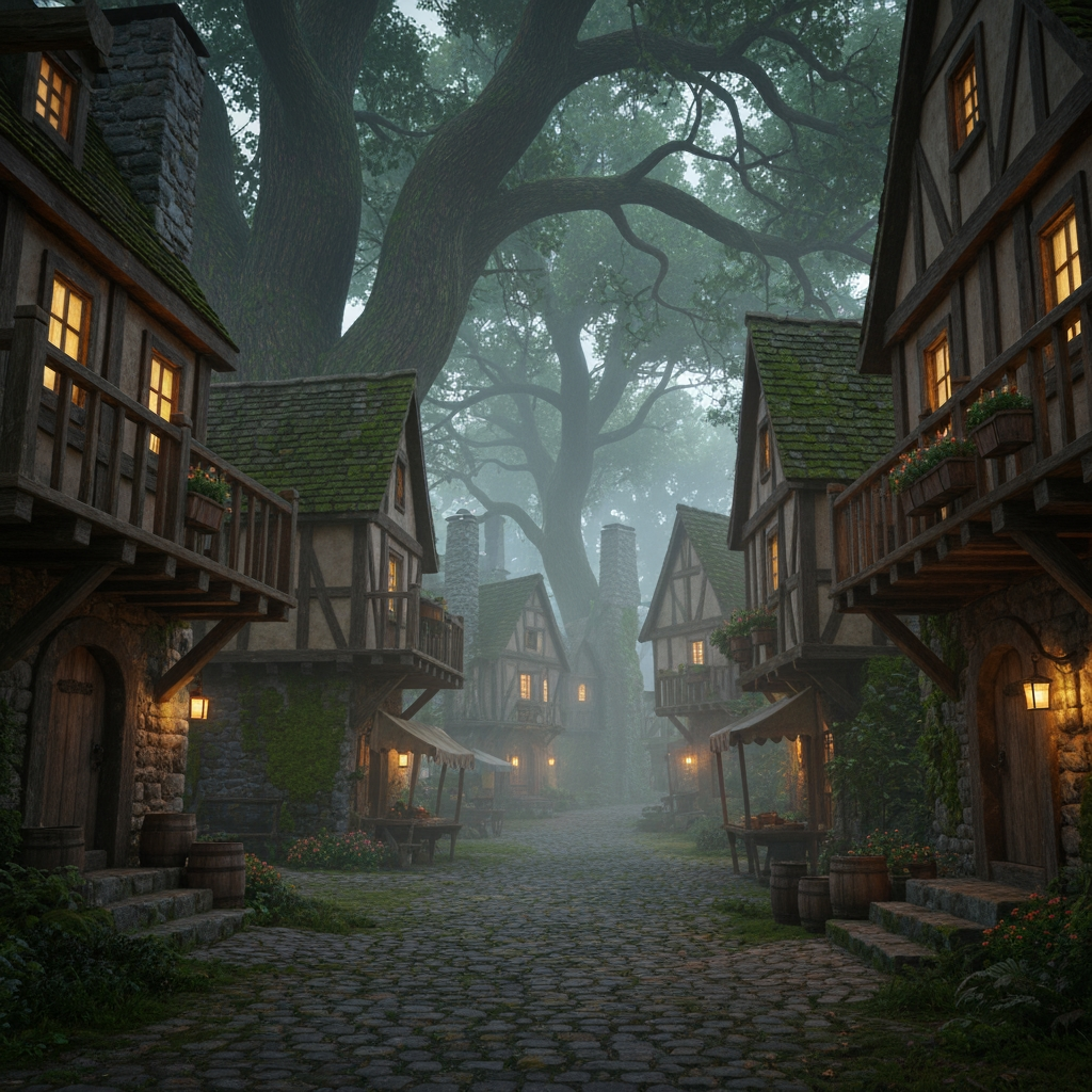 AI Design for 🌲 1. Elderwood Village
Photorealistic cinematic dark-fantasy film still of Elderwood Village, a peaceful medieval woodland settlement hidden among enormous ancient trees. Rustic timber-and-stone houses line a winding cobblestone street, with wooden balconies, flower boxes, hanging lanterns, little market stalls and moss growing naturally over old walls. Tall trees surround the village, their branches forming a canopy overhead. Warm golden lights glow from windows and doorways as evening mist settles between the buildings. A few distant cat villagers can be naturally present, but they are small background figures rather than the focus. Realistic wood, stone, foliage, atmospheric fog, natural imperfections, subtle film grain, realistic lighting, nostalgic fantasy atmosphere, like a still from a live-action dark-fantasy movie. No cartoon, no illustration, no anime, no 3D animation.