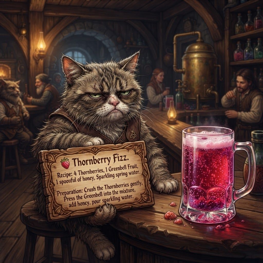 AI Design for Grumpy Cat fantasy series where there's a grumpy cat at the tavern and he's kind of looking at you after giving you the special potion. 🍓 Thornberry Fizz
Recipe
4 Thornberries
1 Greenbell Fruit
1 spoonful of honey
Sparkling spring water
Preparation: Crush the Thornberries gently rather than completely pulverizing them. Press the Greenbell Fruit into the mixture, add honey, then slowly pour in sparkling spring water.
Appearance: A vibrant ruby-red and magenta drink, filled with countless tiny bubbles. Small pieces of berry pulp float naturally near the bottom, while a thin pink foam forms at the surface. But not the z grumpy Cat more of like a cat that's kind of tired and angry