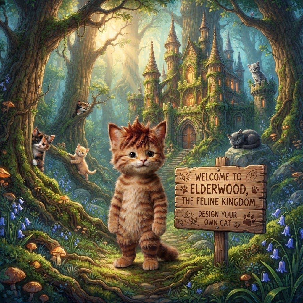AI Design for All right do this cat and it's group holding a sign like design your own cat fantasy series like like welcome to cat like the feline Kingdom and then it's like design your own cat and it should be like this forest with castles and stuff like that and it's a sign that says welcome to elderwood the feline Kingdom or the feline Forest okay and it's like design your own cat we don't overdo the design make it kind of like a simple design you don't over complicated and don't make any of the cats actually hold it just just make them be like background fantasy characters with the main focus being on the tabby cat the one with the brown stripes now seeing with that do assign that just says choose your cat