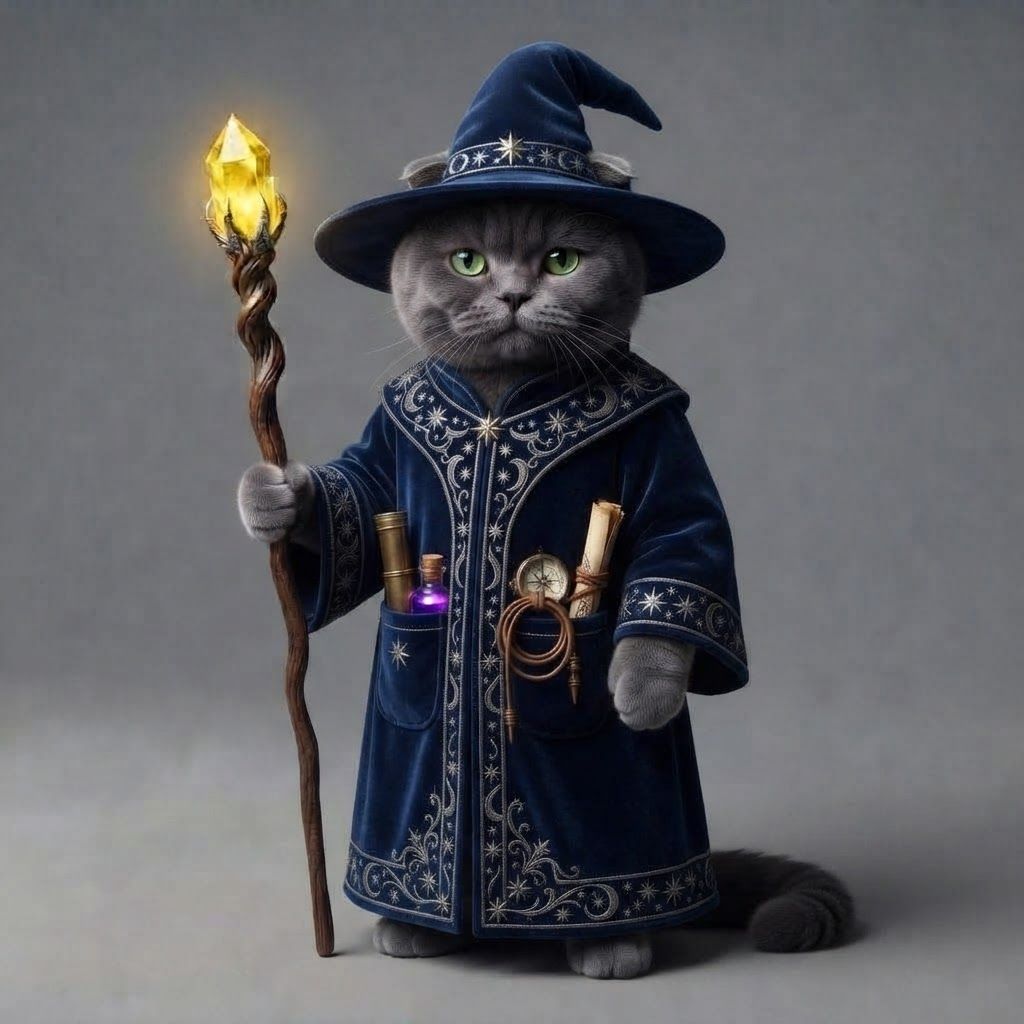 AI Design for Absolutely — here's a detailed prompt that keeps the photorealistic dark-fantasy Elderwood look, while making Walthazar's room feel genuinely cozy and personal.
🌿 Walthazar Embermane — Morning in His Bedroom
> PHOTOREALISTIC LIVE-ACTION DARK-FANTASY FILM STILL. A beautiful, cozy bedroom belonging to a young anthropomorphic cat wizard named Walthazar Embermane, located on the highest floor of an enormous ancient hollow tree in Elderwood. The scene should look like a frame from a high-budget fantasy movie filmed with a real physical set, realistic practical lighting and physically believable materials.
Walthazar Embermane is a small bipedal anthropomorphic orange tabby cat, sitting comfortably inside his large hanging hammock. He has realistic feline anatomy, detailed soft orange fur and distinctive dark reddish-brown tabby stripes across his face, ears, arms and body. His muzzle and chest have slightly lighter fur. His eyes are vivid green and expressive. His ears are clearly feline, with distinctive colored ear tips that contrast against the rest of his orange fur.
Walthazar wears his recognizable fantasy wizard hat, a slightly floppy, well-worn pointed hat made from textured fabric, with subtle magical details and a small decorative accent around the base. He wears a cozy wizard's outfit beneath it, with earthy fantasy fabrics, layered clothing and small embroidered details. His clothing should look practical and comfortable rather than extravagant.
Walthazar is sitting curled up comfortably in his hammock, surrounded by soft blankets, cushions and pillows. He looks relaxed and sleepy, as though he has just woken up. His posture is natural and cozy, with his tail comfortably curled beside him.
The entire interior of the room has beautiful deep emerald-green walls, but the walls are still unmistakably made from the living wood of the enormous hollow tree. The green color appears like a rich painted or naturally dyed finish over the curved wooden interior, while the natural grain, knots, cracks and contours of the tree remain clearly visible underneath. Exposed sections of warm brown wood appear around the edges, creating a beautiful green-and-wood contrast.
Behind Walthazar is a large rounded window carved directly into the tree, overlooking the enormous rich Elderwood forest early in the morning. Outside, countless layers of ancient trees stretch into the distance, with thick emerald foliage, moss-covered branches and soft morning mist resting between the trees. Gentle golden sunlight is just beginning to pass through the canopy, creating soft rays of early-morning light across the room.
The bedroom is beautifully cluttered with Walthazar's belongings. There are stacks of old spellbooks, handwritten journals, maps, colorful potion bottles, glass flasks, little ceramic containers, dried herbs, mushrooms, flowers, crystals, ink bottles, quills and tiny magical curiosities scattered naturally throughout the room.
Add plenty of cute stuffed animals and handmade plush creatures around the room—some sitting on shelves, some tucked beside the hammock, and a couple casually piled among the pillows. They should look like charming handmade medieval-fantasy toys, slightly worn from years of use.
A beautiful emerald-green tapestry hangs on one of the curved walls, decorated with subtle woodland patterns, twisting branches, leaves, tiny stars and understated magical symbols. Soft rugs cover parts of the wooden floor, with little patches of moss growing naturally around the edges.
Include small shelves carved directly into the tree, filled with books and bottles. A little wooden writing desk sits near the window with an open spellbook, an ink pot and a feather quill. A few hanging herbs sway gently from the ceiling beams.
The lighting should be soft early-morning golden sunlight mixed with the deep green atmosphere of the room, creating gentle highlights on Walthazar's fur, the hammock fabric and the glass potion bottles. The forest outside should look fresh, misty and incredibly lush.
The overall mood is peaceful, magical, cozy, intimate and nostalgic—a tiny wizard's private sanctuary high above Elderwood. It should feel like a place where Walthazar could spend an entire morning reading, brewing potions and watching the forest from his hammock.
Extremely detailed realistic fur, individual whiskers, realistic feline eyes, believable bipedal feline anatomy, detailed fabric, natural wood grain, realistic glass, moss, plants and foliage, physically accurate sunlight, realistic atmospheric haze, cinematic depth of field, subtle film grain, high-end live-action dark-fantasy cinematography, natural imperfections, rich environmental detail.
NO cartoon, NO illustration, NO anime, NO children's-book art, NO 3D animation, NO plastic-looking fur, NO human body with a cat head, NO modern furniture, NO futuristic objects, NO overly exaggerated magic effects.