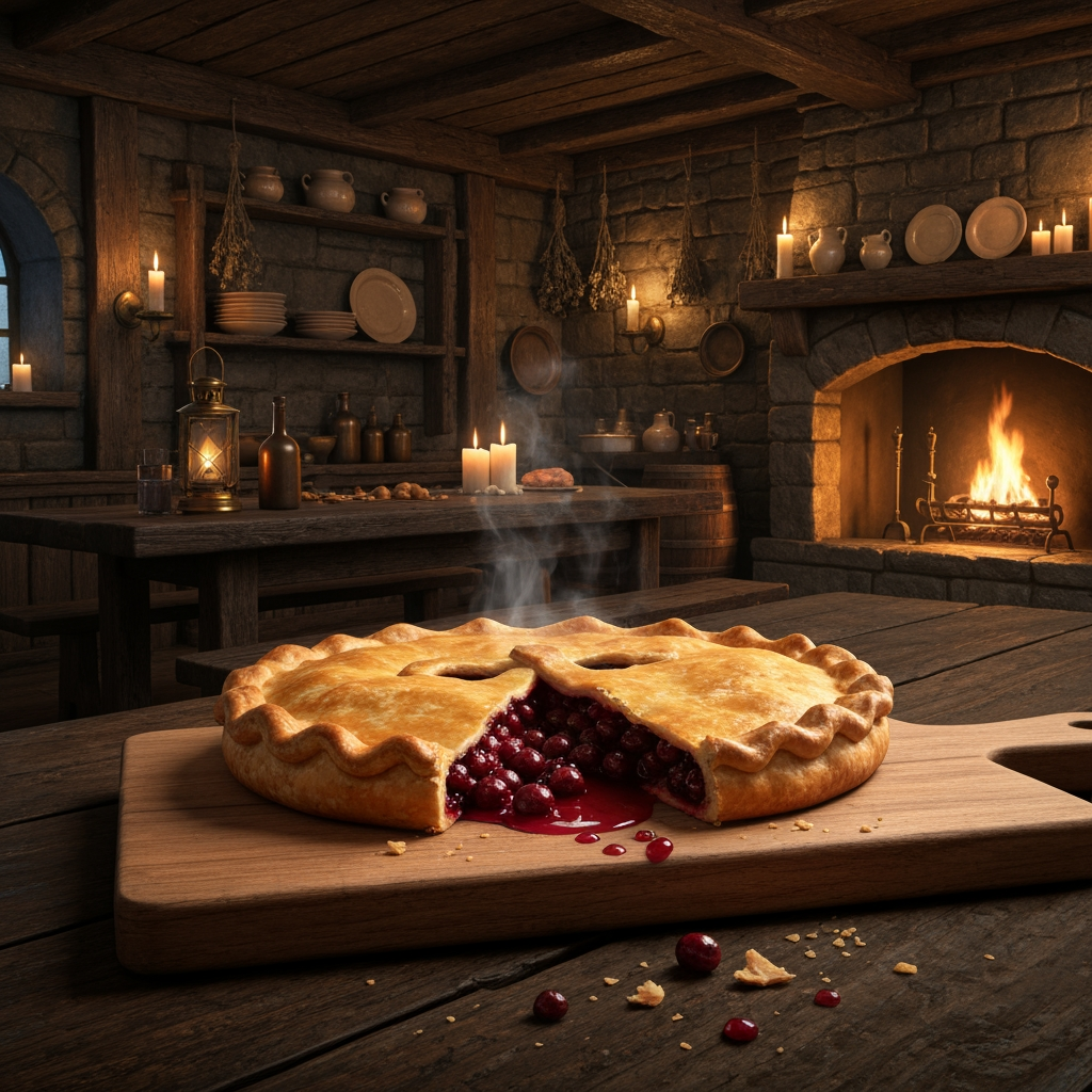 AI Design for 🥧 Example — Thornberry Pie
A rustic Thornberry Pie sits on a heavy wooden serving board. It has a beautifully baked golden-brown flaky crust with slightly uneven handmade edges. Several dark ruby-red Thornberries are visible through a small opening in the crust, with glossy berry filling bubbling gently underneath. A little steam rises from the freshly baked pie. A few crumbs and tiny drops of berry filling sit naturally on the wooden board.
The pie should look extremely appetizing and freshly baked, with realistic pastry layers, glossy fruit filling and warm golden highlights from the fireplace.🍽️ Master Elderwood Tavern Style
Put this at the very beginning of every prompt:
Photorealistic cinematic dark-fantasy food photography inside a cozy medieval woodland tavern in Elderwood. This is a real, physically believable tavern, not an illustration. The interior has aged dark wooden tables, rough stone walls, exposed wooden beams, shelves filled with ceramic dishes and bottles, hanging dried herbs, candles, brass lanterns, and a large stone fireplace. Warm amber firelight and candlelight illuminate the room, creating soft realistic shadows and highlights, while the corners of the tavern remain naturally darker and atmospheric. The scene feels warm, rustic, lived-in and slightly mysterious, like a still frame from a high-budget live-action dark-fantasy film. Realistic materials, realistic food textures, natural imperfections, subtle cinematic film grain, shallow depth of field.
Then add:
The food is the clear centerpiece of the image. It must look genuinely delicious, freshly prepared, warm, edible and appetizing, with realistic textures, steam, moisture, crumbs, sauces and natural imperfections. It should look like real medieval cuisine with fantastical ingredients—not cartoon food, not toy-like food, not plastic, not an illustration. How to catch chef that just finished making your meal and he's looking at you to see if you like it a bipedal cat chef but he's not too like slim and Slender he's that perfect balance to like tall and slightly more chubby so make sure to add the cat understand the cat should be any color you like just a cat chef wearing this like medieval cat kitchen cat cat cat cat cat cat