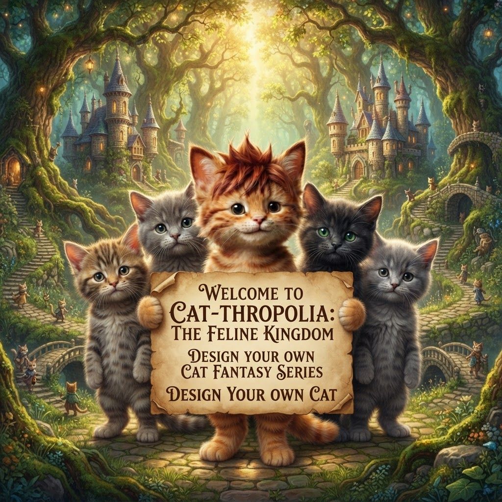 AI Design for All right do this cat and it's group holding a sign like design your own cat fantasy series like like welcome to cat like the feline Kingdom and then it's like design your own cat and it should be like this forest with castles and stuff like that