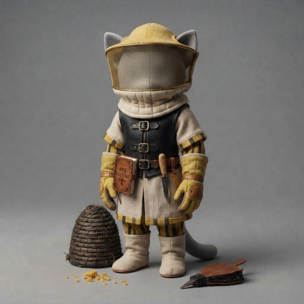 AI Design for I am writing a cat fantasy series and this is a mannequin for a cat clothes base so design and outfit for a beekeeper on this mannequin thank you very much and make the overall clothes like medieval and basic and colorful the clothes for a beekeeper gonna be yellow black and beige cream