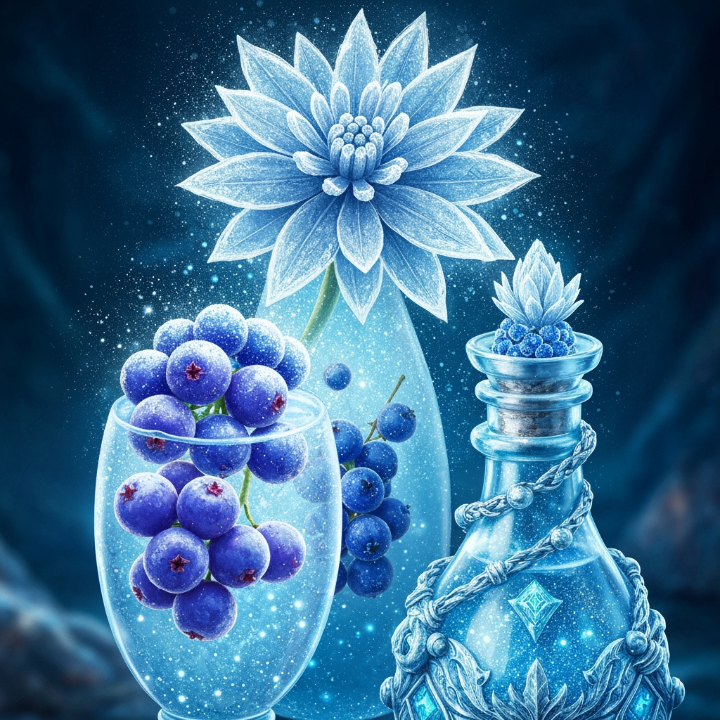 AI Design for Design a cooling potion for a cat fantasy kind of series that is like blue white glittery and include some cool berries along some like Icy flower pod