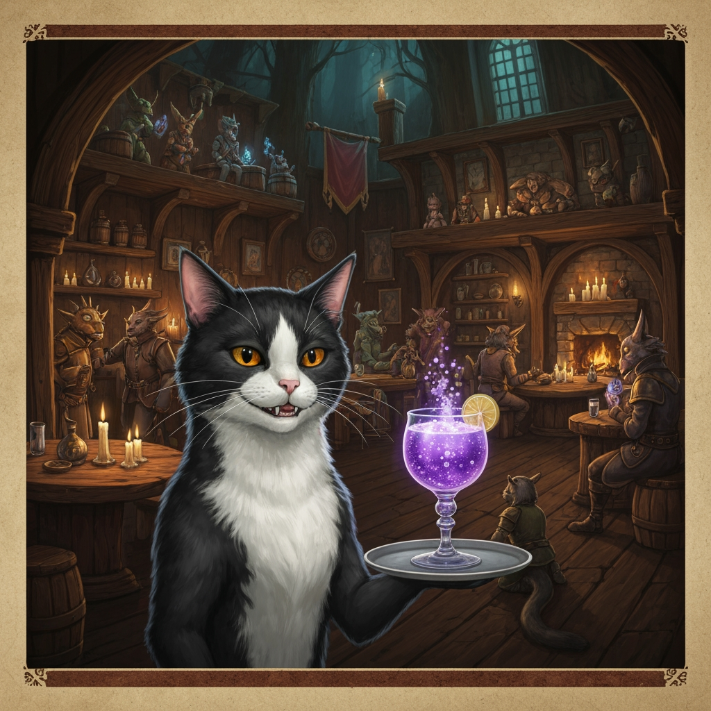 AI Design for Cat fantasy series with tavern bar cat serving you potion named thornberry fizz
