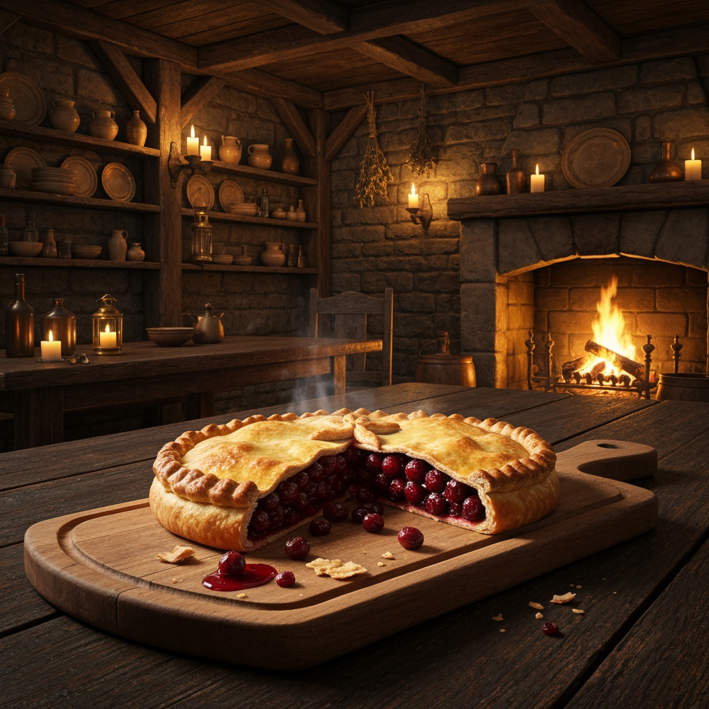 AI Design for 🥧 Example — Thornberry Pie
A rustic Thornberry Pie sits on a heavy wooden serving board. It has a beautifully baked golden-brown flaky crust with slightly uneven handmade edges. Several dark ruby-red Thornberries are visible through a small opening in the crust, with glossy berry filling bubbling gently underneath. A little steam rises from the freshly baked pie. A few crumbs and tiny drops of berry filling sit naturally on the wooden board.
The pie should look extremely appetizing and freshly baked, with realistic pastry layers, glossy fruit filling and warm golden highlights from the fireplace.🍽️ Master Elderwood Tavern Style
Put this at the very beginning of every prompt:
Photorealistic cinematic dark-fantasy food photography inside a cozy medieval woodland tavern in Elderwood. This is a real, physically believable tavern, not an illustration. The interior has aged dark wooden tables, rough stone walls, exposed wooden beams, shelves filled with ceramic dishes and bottles, hanging dried herbs, candles, brass lanterns, and a large stone fireplace. Warm amber firelight and candlelight illuminate the room, creating soft realistic shadows and highlights, while the corners of the tavern remain naturally darker and atmospheric. The scene feels warm, rustic, lived-in and slightly mysterious, like a still frame from a high-budget live-action dark-fantasy film. Realistic materials, realistic food textures, natural imperfections, subtle cinematic film grain, shallow depth of field.
Then add:
The food is the clear centerpiece of the image. It must look genuinely delicious, freshly prepared, warm, edible and appetizing, with realistic textures, steam, moisture, crumbs, sauces and natural imperfections. It should look like real medieval cuisine with fantastical ingredients—not cartoon food, not toy-like food, not plastic, not an illustration.