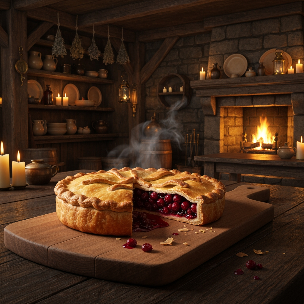 AI Design for 🥧 Example — Thornberry Pie
A rustic Thornberry Pie sits on a heavy wooden serving board. It has a beautifully baked golden-brown flaky crust with slightly uneven handmade edges. Several dark ruby-red Thornberries are visible through a small opening in the crust, with glossy berry filling bubbling gently underneath. A little steam rises from the freshly baked pie. A few crumbs and tiny drops of berry filling sit naturally on the wooden board.
The pie should look extremely appetizing and freshly baked, with realistic pastry layers, glossy fruit filling and warm golden highlights from the fireplace.🍽️ Master Elderwood Tavern Style
Put this at the very beginning of every prompt:
Photorealistic cinematic dark-fantasy food photography inside a cozy medieval woodland tavern in Elderwood. This is a real, physically believable tavern, not an illustration. The interior has aged dark wooden tables, rough stone walls, exposed wooden beams, shelves filled with ceramic dishes and bottles, hanging dried herbs, candles, brass lanterns, and a large stone fireplace. Warm amber firelight and candlelight illuminate the room, creating soft realistic shadows and highlights, while the corners of the tavern remain naturally darker and atmospheric. The scene feels warm, rustic, lived-in and slightly mysterious, like a still frame from a high-budget live-action dark-fantasy film. Realistic materials, realistic food textures, natural imperfections, subtle cinematic film grain, shallow depth of field.
Then add:
The food is the clear centerpiece of the image. It must look genuinely delicious, freshly prepared, warm, edible and appetizing, with realistic textures, steam, moisture, crumbs, sauces and natural imperfections. It should look like real medieval cuisine with fantastical ingredients—not cartoon food, not toy-like food, not plastic, not an illustration. How to catch chef that just finished making your meal and he's looking at you to see if you like it