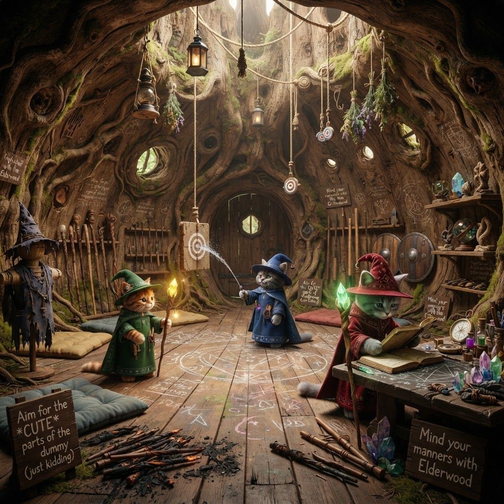 AI Design for Absolutely — the practice floor should feel like the one place in Wizard's Hollow where the cozy atmosphere gets replaced by a little controlled chaos. 😂
🪄 Wizard's Hollow — Practice & Training Floor Prompt
> PHOTOREALISTIC LIVE-ACTION DARK-FANTASY FILM STILL. A large circular wizard practice and training floor inside the enormous ancient hollow tree of Wizard's Hollow, deep within Elderwood. The room is specifically designed for three bipedal cat wizards to practice spells, test magical abilities and experiment safely.
The floor follows the natural circular shape of the hollow tree, with enormous curved living-wood walls, exposed roots, moss, knots and beautiful natural wood grain. The room is spacious and has a relatively high ceiling, allowing spells to be practiced without feeling cramped.
The center of the room is mostly open wooden flooring, with several sturdy medieval training dummies positioned around it. The dummies are made from rough wooden frames, tightly packed straw, old leather and rope. They show visible signs of years of practice: scratches, dents, scorch marks and repaired sections.
Several wooden target boards hang from ropes around the room, including circular targets and swinging targets. Some have little colored markings showing where spells should be aimed.
Along the walls are racks containing wizard staffs, practice wands, wooden training sticks, protective shields and other fantasy training equipment. A few padded mats are spread across the floor for practicing movement and defensive spells.
There is also a dedicated spell-testing area containing a sturdy wooden table covered with magical crystals, glass containers, measuring instruments, notebooks, chalk diagrams and scientific equipment. This reflects Jonathan's interest in carefully measuring and experimenting with magic.
The walls contain subtle evidence of constant practice: old scorch marks, small impact dents, repaired wooden panels and faded magical symbols painted onto the tree. Nothing is destroyed or dangerous—the room is clearly maintained and designed specifically for controlled experimentation.
Include a few fun details: a battered training dummy wearing an old wizard hat, several little wooden signs giving humorous practice instructions, a pile of broken practice wands waiting to be repaired, and a small shelf containing trophies or unusual objects from previous magical experiments.
Hanging from the ceiling are lanterns, herbs, ropes and small magical training targets, giving the upper part of the room plenty of visual detail.
The room should still retain the cozy identity of Wizard's Hollow: warm wood, moss, plants, handmade furniture and soft magical lighting. It should feel like three friendly wizard cats genuinely use this room every day, rather than a professional military training hall.
Photorealistic live-action dark-fantasy cinematography, realistic wood, straw, leather, metal, glass and fabric, extremely detailed natural tree interior, realistic shadows, subtle magical illumination, atmospheric depth, natural imperfections, cinematic depth of field, subtle film grain, high-budget fantasy movie aesthetic.
NO cartoon, NO illustration, NO anime, NO children's-book style, NO 3D animation, NO modern gym equipment, NO futuristic technology, NO human characters.