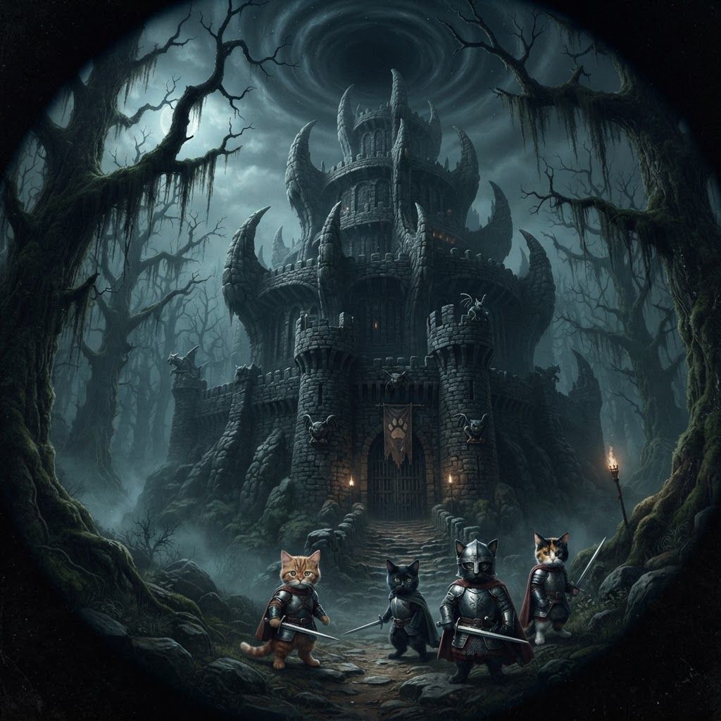 AI Design for Design this sort of dark fantasy feel get a sound very dark and depressed and is more of like impressive kind of retro styled fantasy Castle it's very big it's a very unique shape it's in a forest and it's like for a cat series of feline and nights and these images in the prompt bar are simply inspiration for the lighting