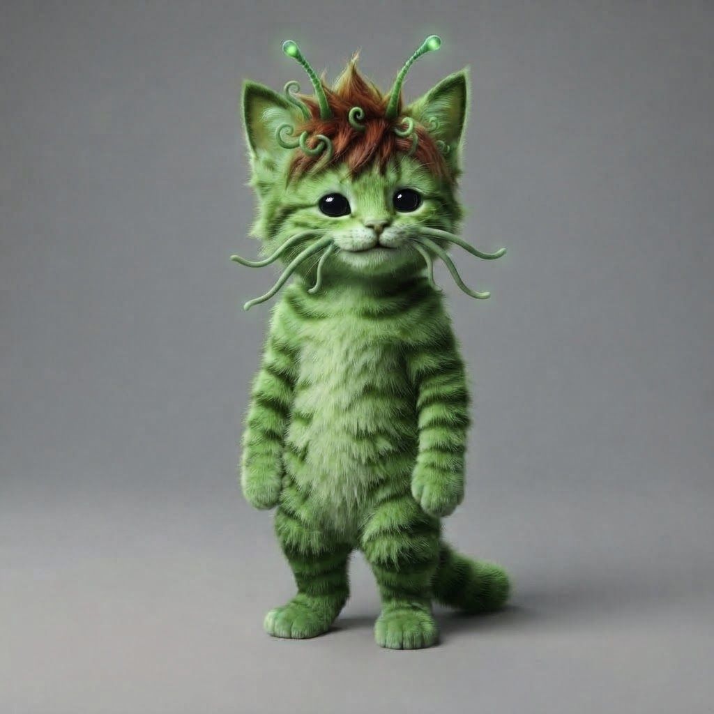 AI Design for All right use this design template as a base for alien cat that is like green it has like completely black eyes with white tint and like give him antennas tentacles and just funny features but don't over complicate the design