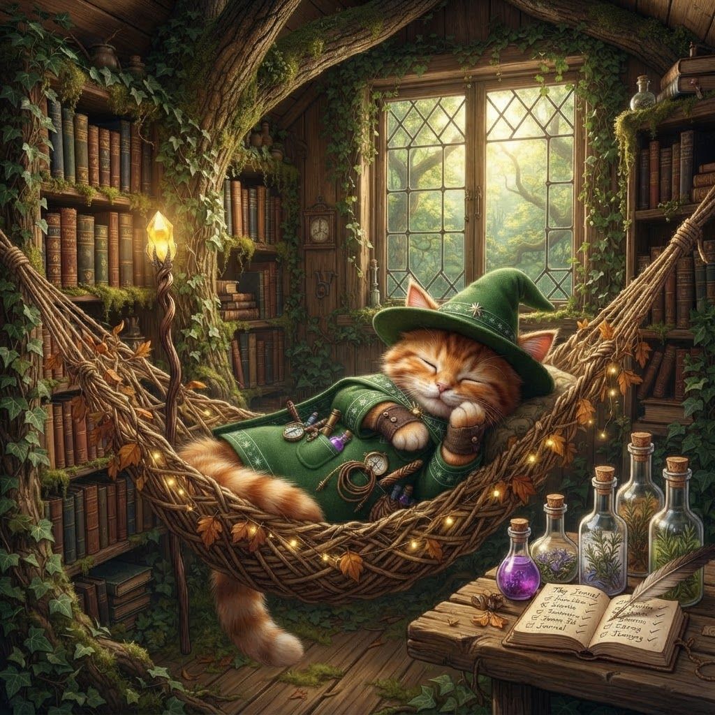 AI Design for 🌳 Greatwood Treehouse — wooden bedroom high among the branches, with a window overlooking the forest. Cat fantasy obviously like a bedroom that has like a hammock or something with this wizard cat sleeping I was like mossy and book shelves everywhere and this wizard like puts down his staff finally and he rest while he counts as potion bottles or something