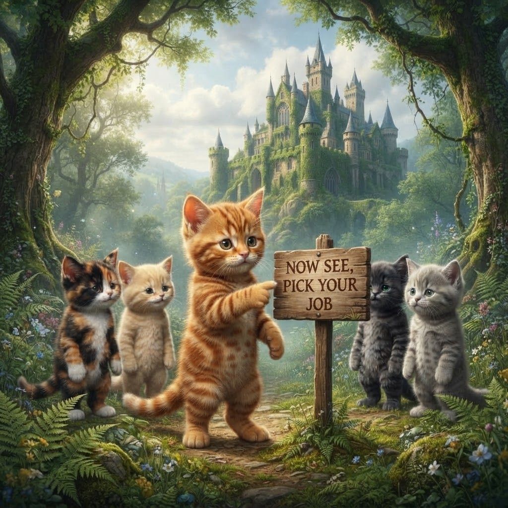 AI Design for So make these cats be in a fictional Forest with the castle and assigned it says now see pick your job with the orange tabby ginger CAD with the brown stripes be like in the focus and he's pointing to the sign of his finger