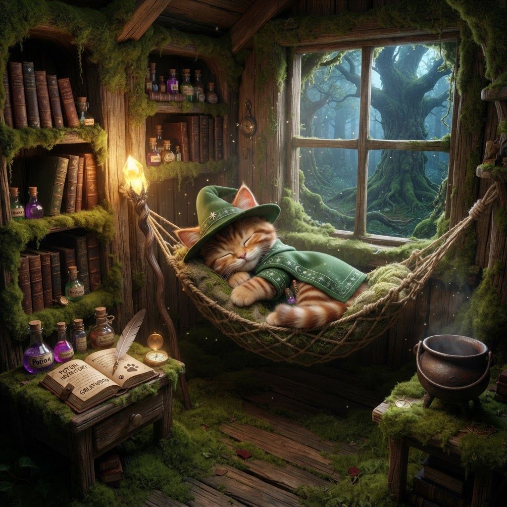AI Design for 🌳 Greatwood Treehouse — wooden bedroom high among the branches, with a window overlooking the forest. Cat fantasy obviously like a bedroom that has like a hammock or something with this wizard cat sleeping I was like mossy and book shelves everywhere and this wizard like puts down his staff finally and he rest while he counts as potion bottles or something