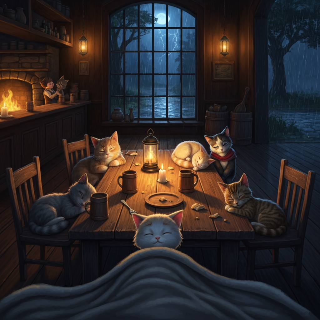AI Design for Oh yeah, that makes it way cozier—you're not the only one who accidentally passed out. 😭🐈

🌧️ POV: You Fell Asleep in the Tavern

> Photorealistic cinematic dark-fantasy POV scene inside the Bushwhack Tavern in Elderwood on a rainy night. The viewer is a small bipedal cat, and the camera represents their first-person perspective while they are peacefully resting at a large rustic wooden table.

Several other small bipedal cats of different breeds, colors and fur patterns are also asleep around the same table. One is a fluffy gray cat curled up with its head resting on its paws, another is a cream-and-orange cat sleeping against a wooden chair, another is a black-and-white cat wrapped in a small cloak, and another tabby cat is peacefully sleeping beside the viewer. Their poses should feel natural and relaxed, like a group of tired travelers who stayed too late at the tavern.

The table contains half-finished meals, ceramic mugs, a few crumbs, a wooden plate and a small lantern. A soft blanket covers the viewer's lower body, reinforcing the feeling that someone noticed everyone falling asleep and made them comfortable.

The tavern is nearly empty. Behind the sleeping cats, a quiet tavern cat slowly cleans the counter while another tends the large stone fireplace.

Through the tall rain-covered windows, heavy rain falls over the nighttime Elderwood forest. Enormous dark trees are visible outside, their wet leaves reflecting occasional flashes of distant lightning. Rain runs down the glass, and the wet cobblestone street outside reflects the warm golden glow of the tavern windows.

Inside, the only major lighting comes from the large fireplace, candles and warm hanging lanterns, creating soft amber illumination across the wooden tables and sleeping cats. The rainy forest outside is illuminated by cool blue-gray moonlight, creating a beautiful contrast between the warm interior and cold exterior.

The whole scene should feel peaceful, sleepy, nostalgic and incredibly cozy, like a forgotten scene from a fantasy show you vaguely remember from childhood.

Realistic live-action dark-fantasy cinematography, photorealistic cats with detailed natural fur, believable small bipedal feline anatomy, realistic wood, stone, fabric, food, fire and rain, cinematic depth of field, subtle film grain, natural imperfections, atmospheric lighting.

First-person POV, no visible human, no modern objects, no cartoon, no illustration, no anime, no 3D animation, no exaggerated proportions.