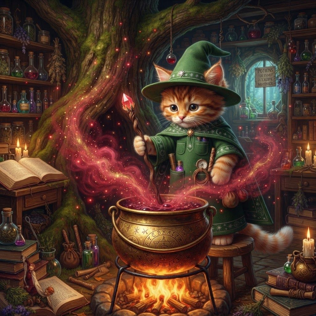 AI Design for All right this is what I want you to do take this design take all the elements like the colored ear tips like the stripes the color the fur everything put in in a Fantasy worlds where he's inside of a room where he's cooking up a potion and it's a giving off like a red dust and like smoke and he saw very cool and magical and I can use itand he's using the other end of the Stick which doesn't have the crystal to make stuff this red concoction