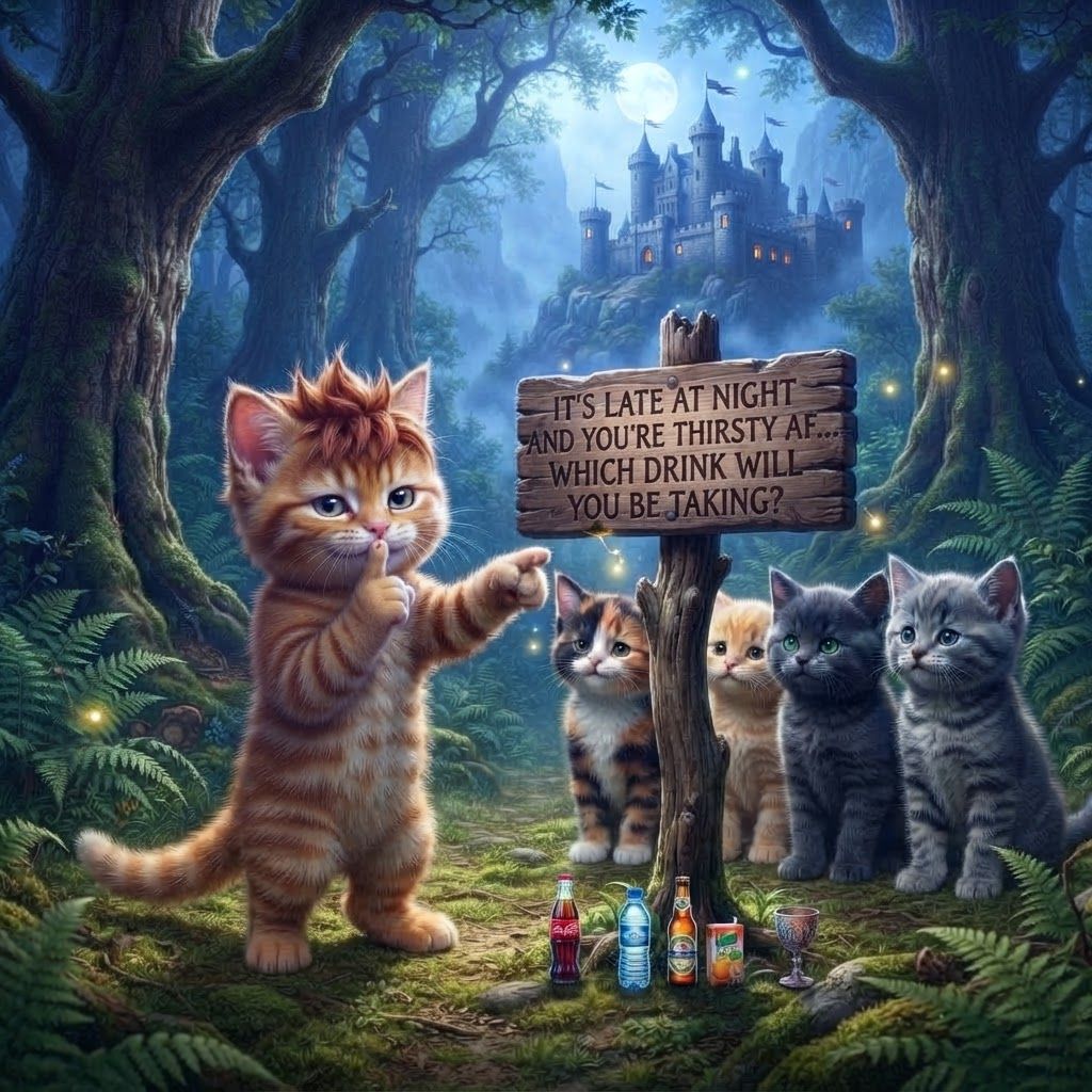 AI Design for Recreate this image with these cats but instead of a sign it says on the sign it's late at night in your thirsty AF which drink are you drinking or like which drink will you be taking and it's like actually night at in the image and it's like beautiful like the kind of shushing but also pointing at the signal fits a other hand he's looking at us telling us to shush Make the Cat look at the viewer