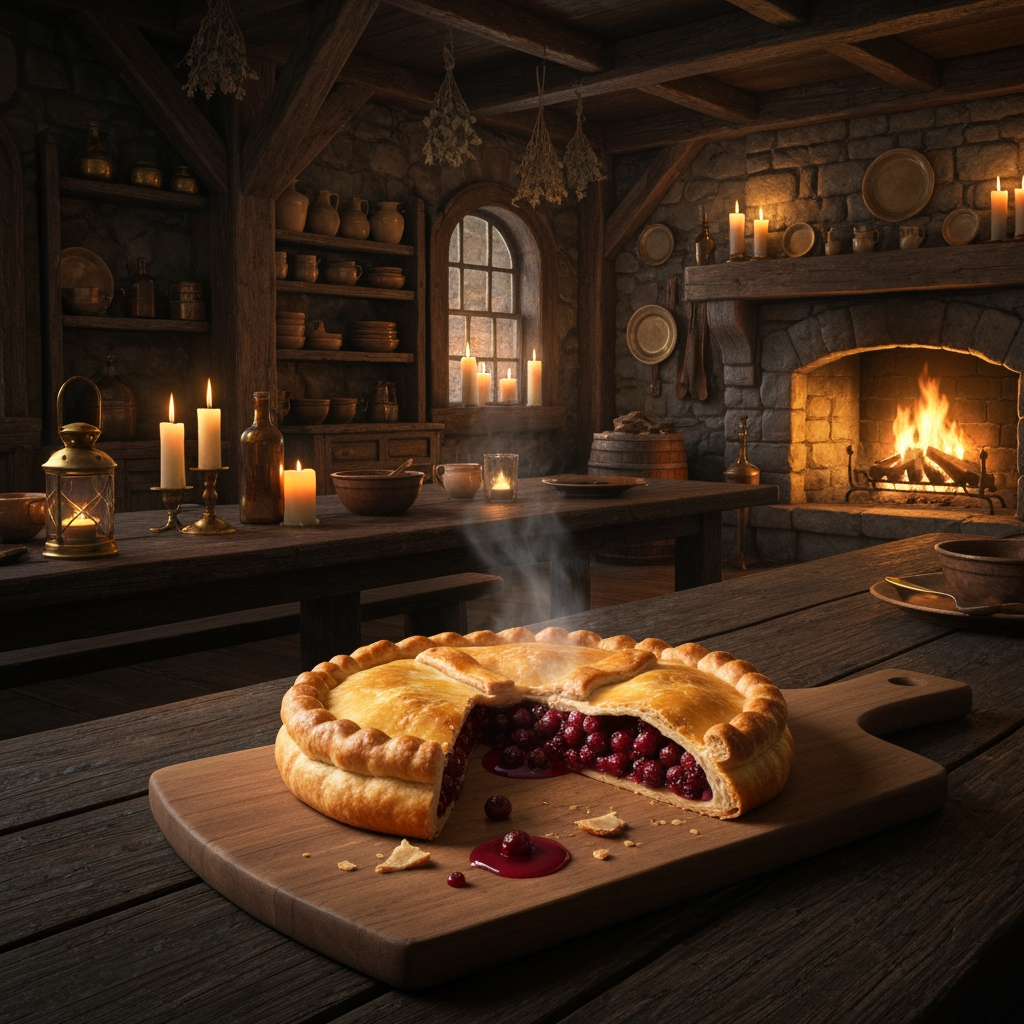 AI Design for 🥧 Example — Thornberry Pie
A rustic Thornberry Pie sits on a heavy wooden serving board. It has a beautifully baked golden-brown flaky crust with slightly uneven handmade edges. Several dark ruby-red Thornberries are visible through a small opening in the crust, with glossy berry filling bubbling gently underneath. A little steam rises from the freshly baked pie. A few crumbs and tiny drops of berry filling sit naturally on the wooden board.
The pie should look extremely appetizing and freshly baked, with realistic pastry layers, glossy fruit filling and warm golden highlights from the fireplace.🍽️ Master Elderwood Tavern Style
Put this at the very beginning of every prompt:
Photorealistic cinematic dark-fantasy food photography inside a cozy medieval woodland tavern in Elderwood. This is a real, physically believable tavern, not an illustration. The interior has aged dark wooden tables, rough stone walls, exposed wooden beams, shelves filled with ceramic dishes and bottles, hanging dried herbs, candles, brass lanterns, and a large stone fireplace. Warm amber firelight and candlelight illuminate the room, creating soft realistic shadows and highlights, while the corners of the tavern remain naturally darker and atmospheric. The scene feels warm, rustic, lived-in and slightly mysterious, like a still frame from a high-budget live-action dark-fantasy film. Realistic materials, realistic food textures, natural imperfections, subtle cinematic film grain, shallow depth of field.
Then add:
The food is the clear centerpiece of the image. It must look genuinely delicious, freshly prepared, warm, edible and appetizing, with realistic textures, steam, moisture, crumbs, sauces and natural imperfections. It should look like real medieval cuisine with fantastical ingredients—not cartoon food, not toy-like food, not plastic, not an illustration. How to catch chef that just finished making your meal and he's looking at you to see if you like it a bipedal cat chef but he's not too like slim and Slender he's that perfect balance to like tall and slightly more chubby so make sure to add the cat understand the cat should be any color you like just a cat chef wearing this like medieval cat kitchen cat cat cat cat cat cat