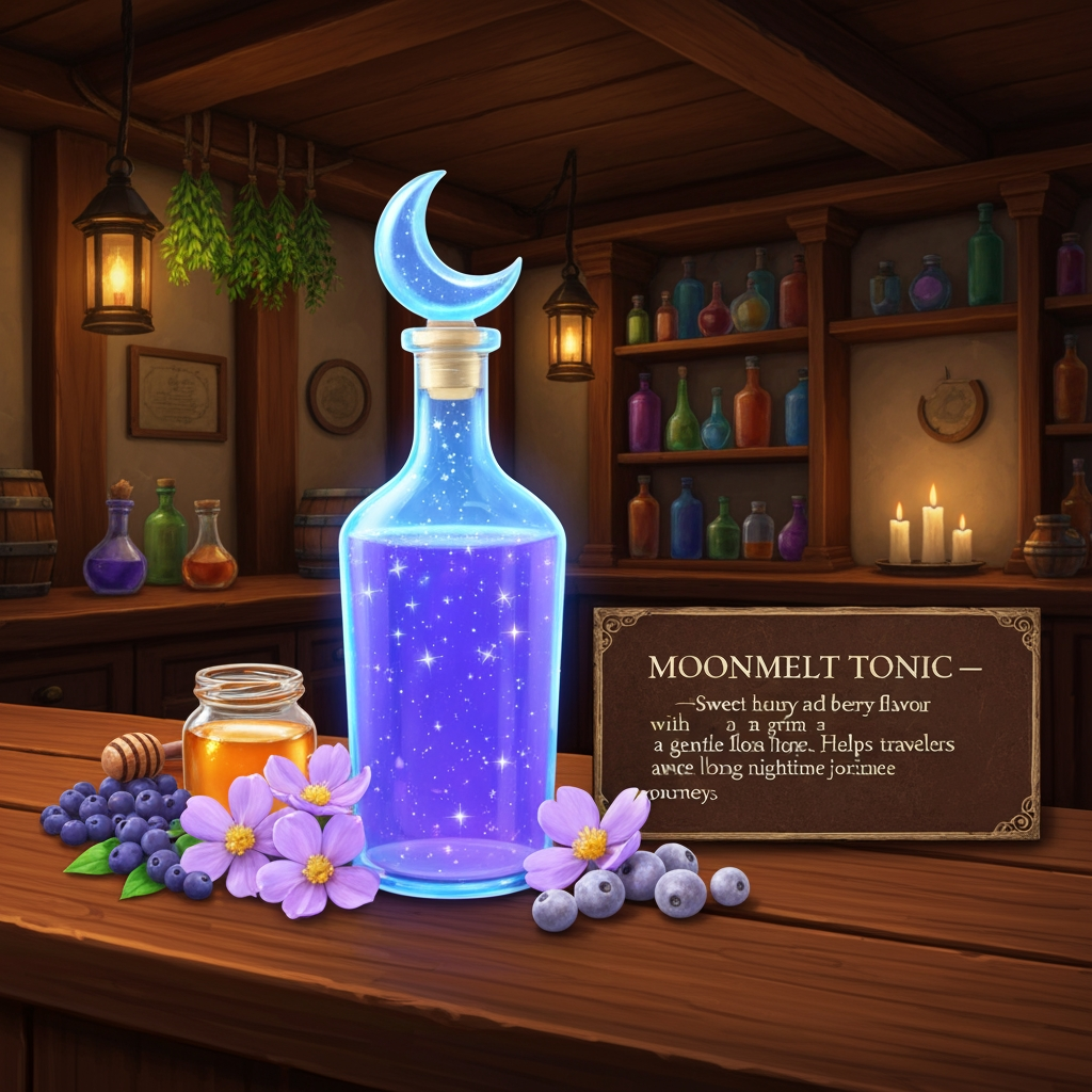 AI Design for 🍹 1. Moonmelt Tonic
Prompt:
A beautifully presented fantasy potion called Moonmelt Tonic displayed prominently on a wooden tavern counter inside the cozy Bushwhack Tavern in Elderwood. The drink is a vivid luminous blue-purple color with tiny silver sparkling particles floating through it, served in a charming glass bottle with a crescent-moon-shaped stopper. Around the bottle are Moonmelt Blossoms, Silverdew Berries and a small jar of golden honey. Warm tavern lanterns, wooden beams, shelves of colorful bottles, hanging herbs and soft candlelight in the background. The drink is perfectly centered and completely visible, colorful and visually striking. Include an elegant fantasy information placard beside it reading: MOONMELT TONIC — Sweet honey and berry flavor with a gentle floral finish. Helps travelers stay awake during long nighttime journeys. Cinematic realistic woodland fantasy, vibrant colors, handcrafted medieval aesthetic, beautiful atmospheric lighting. Make look realistic