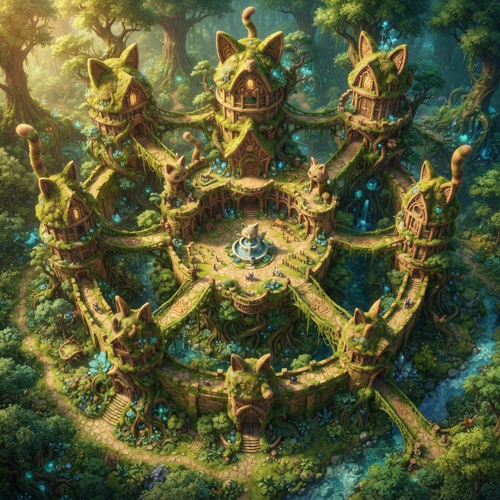 AI Design for Design a unique castle for a cat fantasy series that is beautiful unique you know beautiful Forest and it is essentially from a top-down view and there are a lot of bridges like Castle like pillars and it's very beautiful overall there's just like a really nice castle for this like fantasy series but it isn't way too dark or evil and it just like the perfect mix of good and good