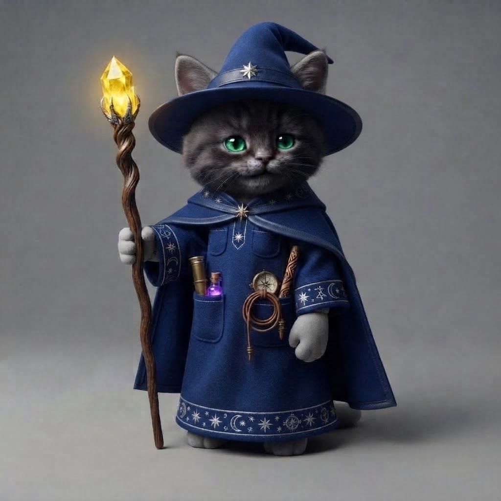 AI Design for We want you to do is take the image of the wizard robe and put it on the cat