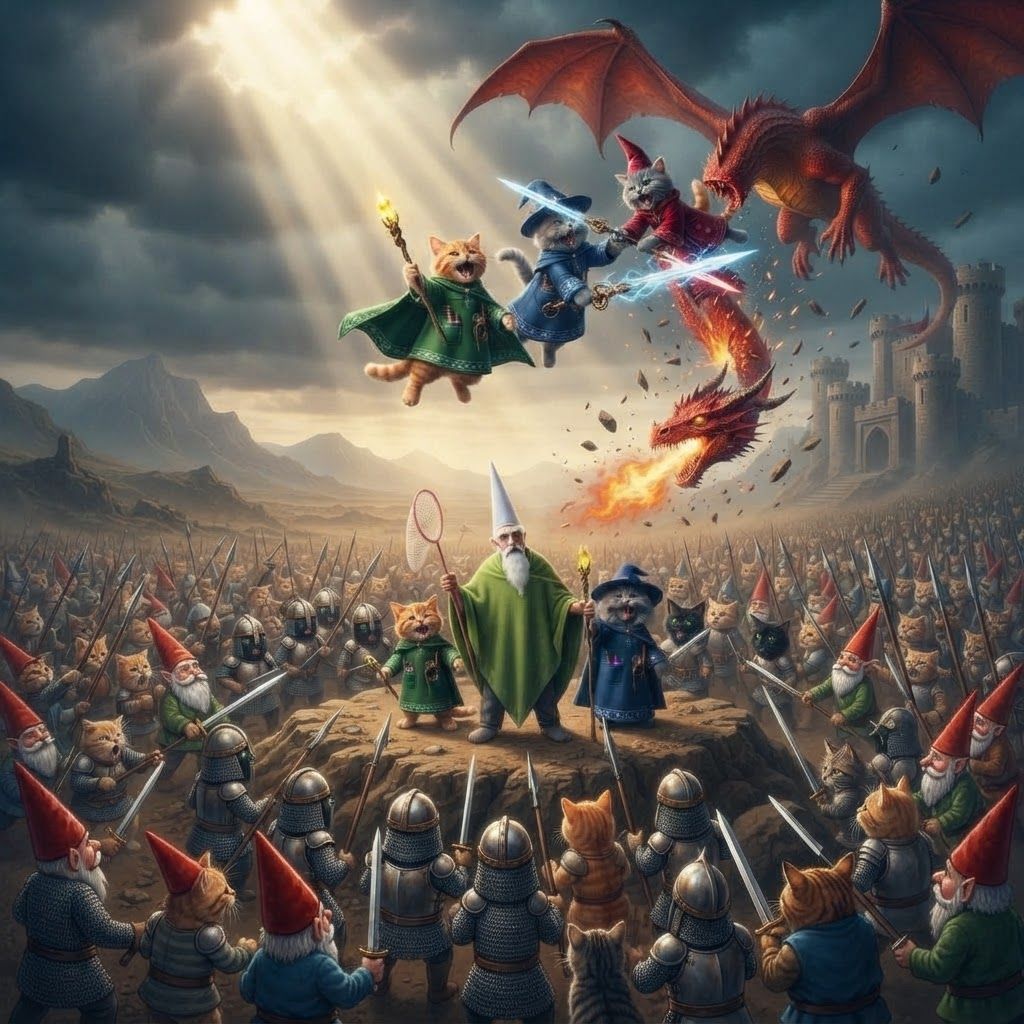 AI Design for Alright the green gnome is the king Crawley and in the war against the gnomes in the nights with the cats being the allies to the gnomes make sure that they're all defending the King by making a circle around him and make the three cats jump on the dragon and cut off his head