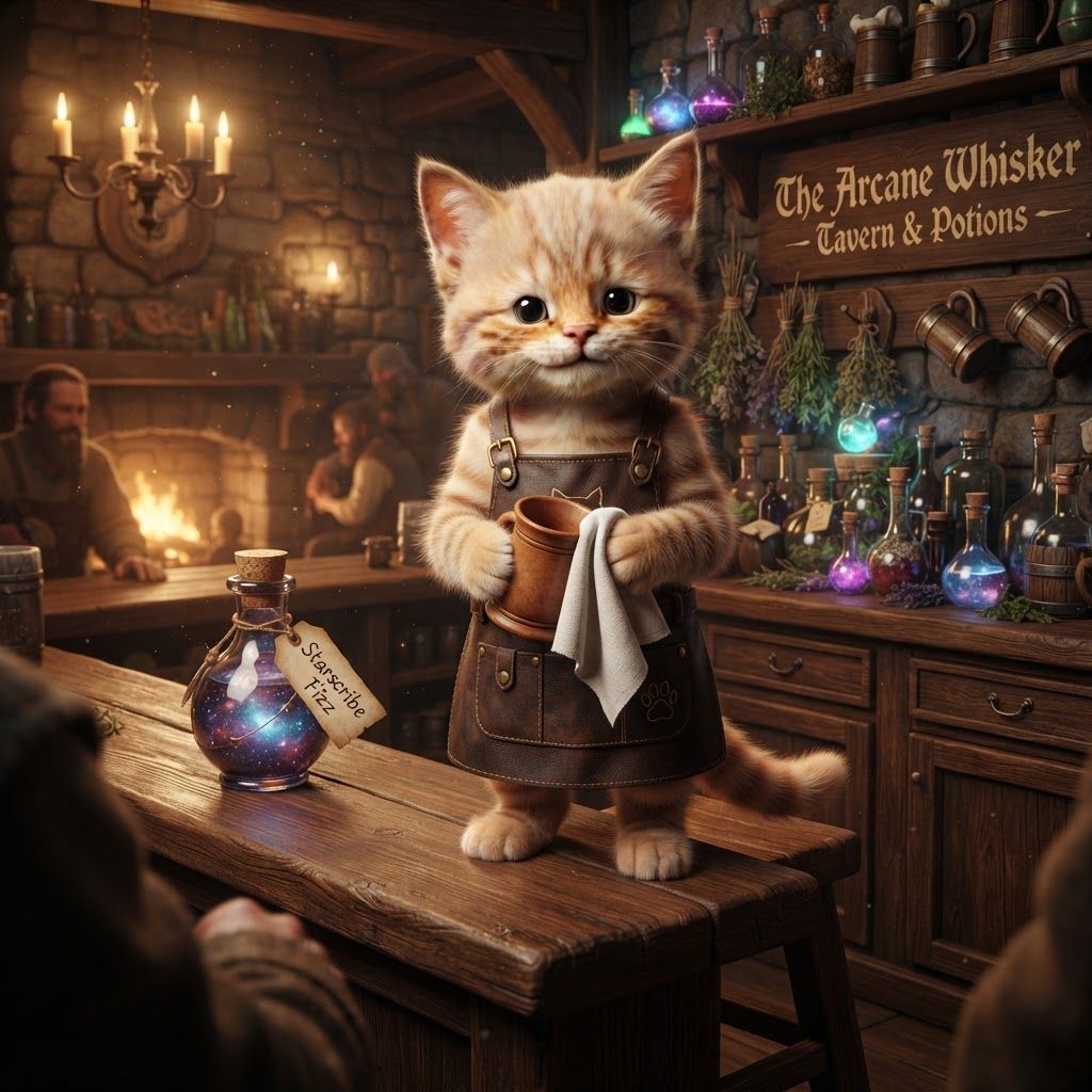 AI Design for Cat fantasy series with tavern bar cat serving you potion named starscribe fizz make him actually behind the bar with like an apron and he's like polishing his mug while he's looking at you to see if you like it