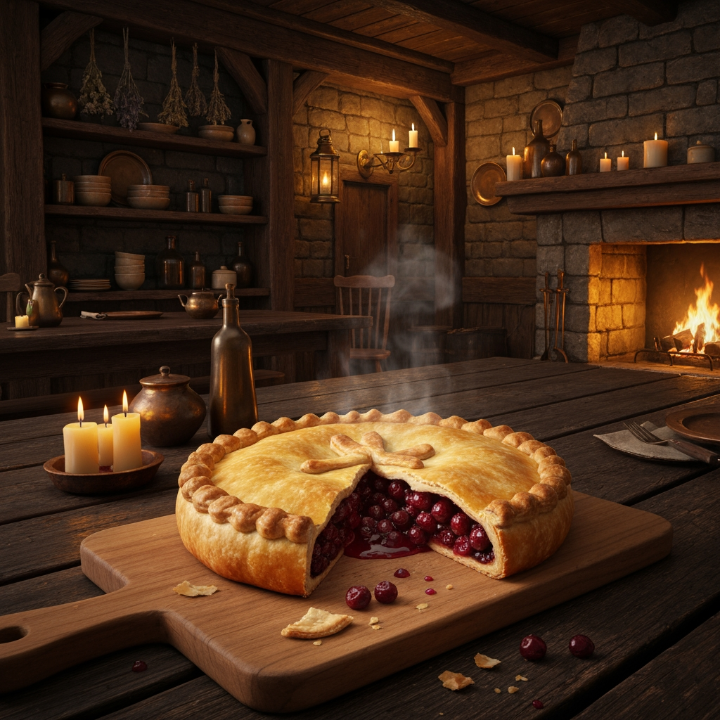 AI Design for 🥧 Example — Thornberry Pie
A rustic Thornberry Pie sits on a heavy wooden serving board. It has a beautifully baked golden-brown flaky crust with slightly uneven handmade edges. Several dark ruby-red Thornberries are visible through a small opening in the crust, with glossy berry filling bubbling gently underneath. A little steam rises from the freshly baked pie. A few crumbs and tiny drops of berry filling sit naturally on the wooden board.
The pie should look extremely appetizing and freshly baked, with realistic pastry layers, glossy fruit filling and warm golden highlights from the fireplace.🍽️ Master Elderwood Tavern Style
Put this at the very beginning of every prompt:
Photorealistic cinematic dark-fantasy food photography inside a cozy medieval woodland tavern in Elderwood. This is a real, physically believable tavern, not an illustration. The interior has aged dark wooden tables, rough stone walls, exposed wooden beams, shelves filled with ceramic dishes and bottles, hanging dried herbs, candles, brass lanterns, and a large stone fireplace. Warm amber firelight and candlelight illuminate the room, creating soft realistic shadows and highlights, while the corners of the tavern remain naturally darker and atmospheric. The scene feels warm, rustic, lived-in and slightly mysterious, like a still frame from a high-budget live-action dark-fantasy film. Realistic materials, realistic food textures, natural imperfections, subtle cinematic film grain, shallow depth of field.
Then add:
The food is the clear centerpiece of the image. It must look genuinely delicious, freshly prepared, warm, edible and appetizing, with realistic textures, steam, moisture, crumbs, sauces and natural imperfections. It should look like real medieval cuisine with fantastical ingredients—not cartoon food, not toy-like food, not plastic, not an illustration. How to catch chef that just finished making your meal and he's looking at you to see if you like it a bipedal cat chef but he's not too like slim and Slender he's that perfect balance to like tall and slightly more chubby so make sure to add the cat understand the cat should be any color you like just a cat chef wearing this like medieval cat kitchen cat cat cat cat cat cat