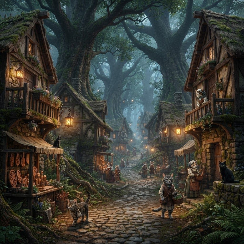 AI Design for 🌲 1. Elderwood Village
Photorealistic cinematic dark-fantasy film still of Elderwood Village, a peaceful medieval woodland settlement hidden among enormous ancient trees. Rustic timber-and-stone houses line a winding cobblestone street, with wooden balconies, flower boxes, hanging lanterns, little market stalls and moss growing naturally over old walls. Tall trees surround the village, their branches forming a canopy overhead. Warm golden lights glow from windows and doorways as evening mist settles between the buildings. A few distant cat villagers can be naturally present, but they are small background figures rather than the focus. Realistic wood, stone, foliage, atmospheric fog, natural imperfections, subtle film grain, realistic lighting, nostalgic fantasy atmosphere, like a still from a live-action dark-fantasy movie. No cartoon, no illustration, no anime, no 3D animation. Cats walking around with sinple mideval clothing