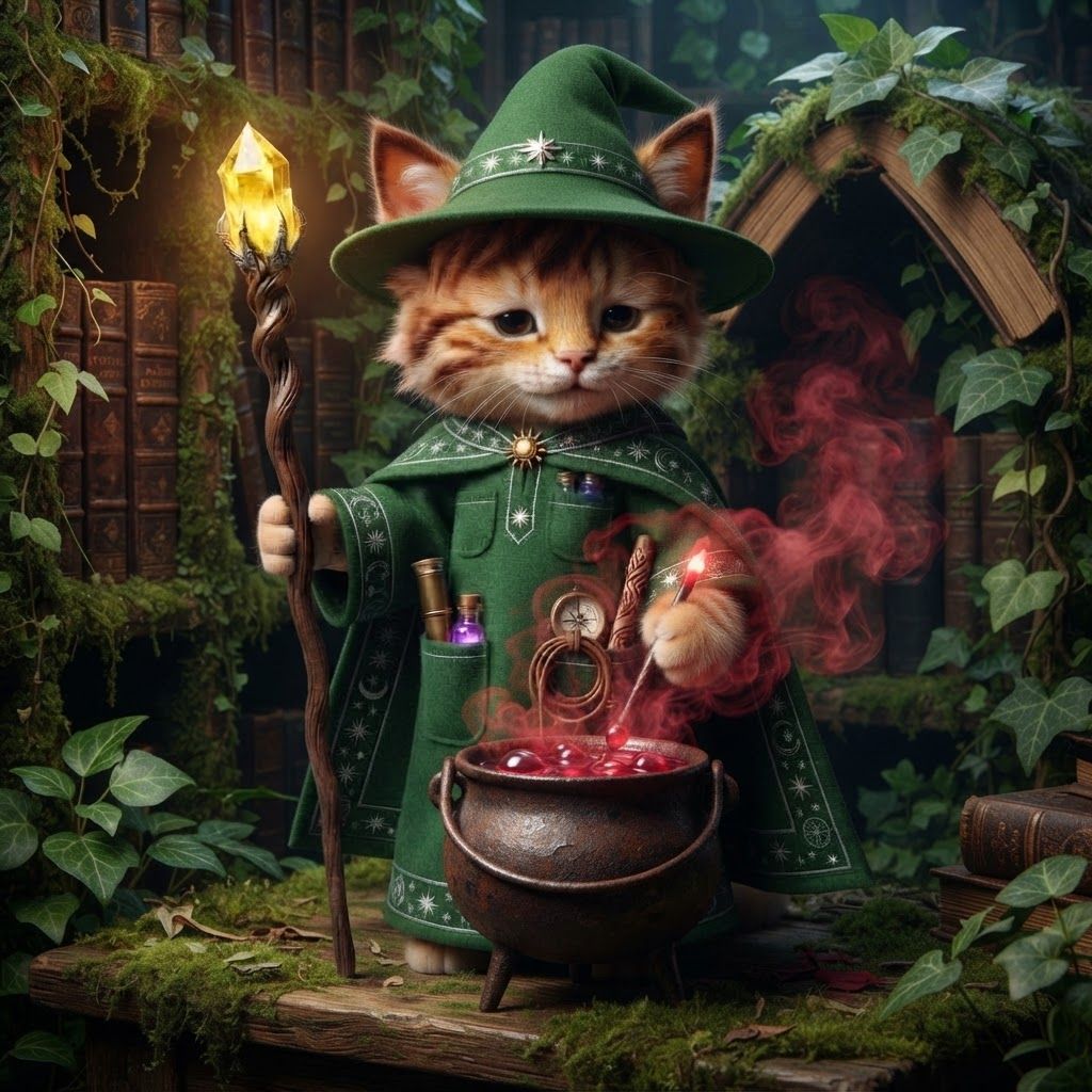 AI Design for Design me an image of this cat making a red potion in a pot inside of a room that's kind of like a library but is mossy and leafy are red smoke is coming out of the pot and don't mess up any of the details of the cat make sure to include all the details in the exact same style of art