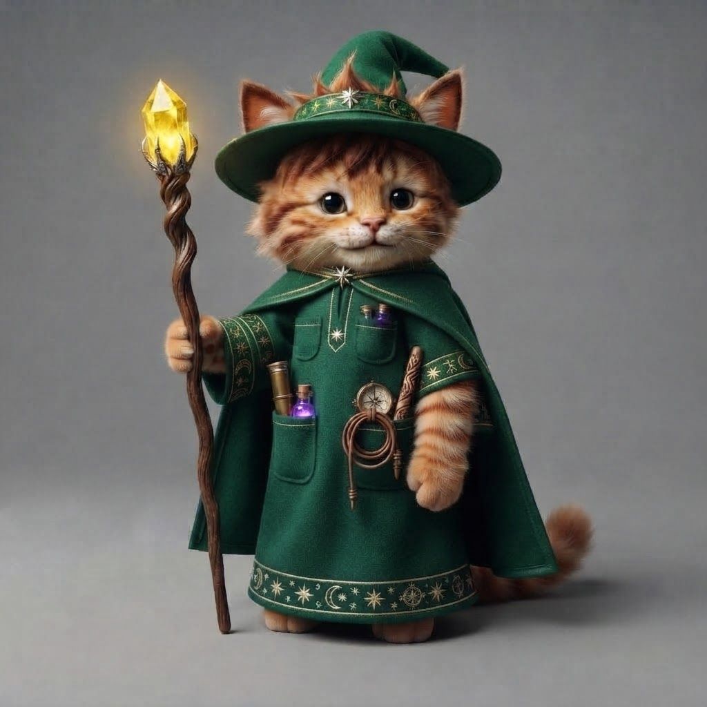 AI Design for Take this cat all of its main features details hair for stripes tips on its cat ears the colors the style everything and put on this blue wizard robe except I wanted to be short sleeved including the Cape at all the things in his pockets just make it really fantasy but make it like green essentially the whole outfit would be green with the little like pocket accessories and obviously don't make the pocket accessories green just the whole robe and hat would be green with obviously some like parts