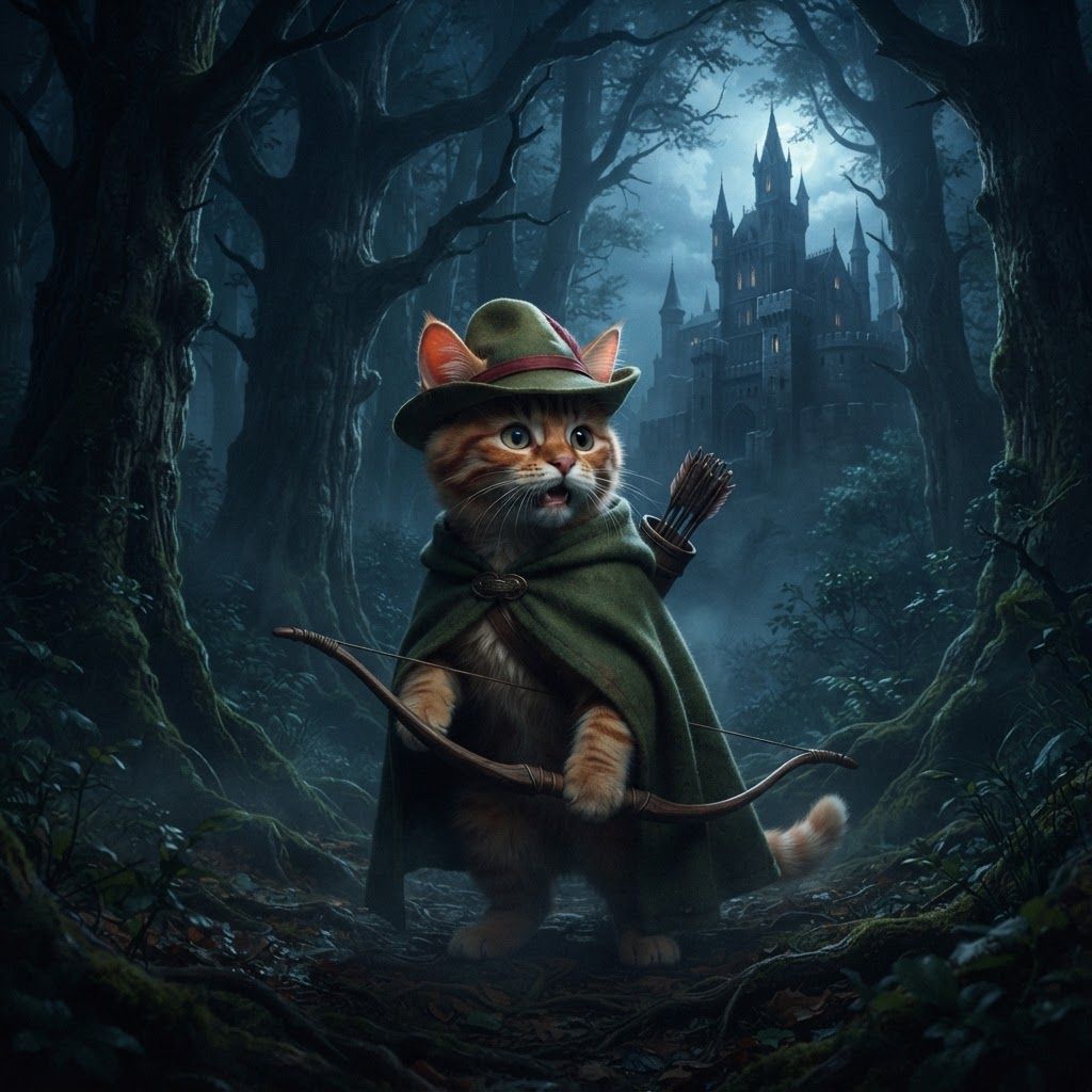 AI Design for Sure — here's the complete description based exactly on what you just described, without adding a new outfit or changing his established design.

🌲 Jasper Embermane — Dark Fantasy Version

Jasper is an orange tabby cat with a natural, slightly realistic feline appearance. His fur should have believable texture and anatomy while still preserving his recognizable Embermane character design.

🐈 Face & Fur

Warm orange tabby fur covering his body.

Slightly darker reddish-brown stripes.

Two reddish-brown stripes on each cheek, one of his most recognizable markings.

His head has his characteristic brown hair/mane, giving him a slightly distinctive, rugged appearance.

His ears are orange, with roughly the upper third of each ear covered in a reddish-brown color.

His facial features should look like a real cat's, but remain expressive enough to recognize Jasper immediately.


🎩 Hat

Jasper wears his familiar green archer's hat.

Natural, slightly worn material.

A simple red band/outline around the hat where the brim meets the main body.

The hat should feel like something made for traveling through a forest rather than polished royal clothing.

Keep the design recognizable and understated.


🧥 Cloak

Jasper wears his familiar green cloak.

It should have a natural, practical appearance, with believable cloth texture and subtle signs of use.

🏹 Equipment

Jasper carries his bow, reinforcing that he's an archer rather than a heavily armored fantasy warrior.

His equipment should remain simple and practical.


---

🌙 Environment

Jasper is standing in a large, atmospheric forest at night.

The forest should feel enormous and ancient, with:

Tall trees surrounding him

Dense woodland vegetation

Deep shadows between the trees

Subtle moonlight filtering through branches

Atmospheric haze or mist

Natural earthy textures


Through an opening in the forest, a large castle can be seen in the distance.

The castle shouldn't dominate the image—it should feel like something Jasper has discovered beyond the trees, giving the scene a sense of exploration and mystery.


---

🎬 Overall Visual Style

The whole scene should have that dark-fantasy AI image aesthetic you were describing:

realistic but fantastical, nighttime, cinematic, atmospheric, slightly dark, natural colors, detailed fur, subtle film-like filtering, deep shadows, and dramatic moonlight.

It shouldn't look like a bright cartoon or overly polished 3D animation.

At the same time, Jasper shouldn't become an ordinary photorealistic cat—the orange fur, reddish-brown markings, brown mane, green hat, red hat band, green cloak, and bow need to make him unmistakably Jasper.
