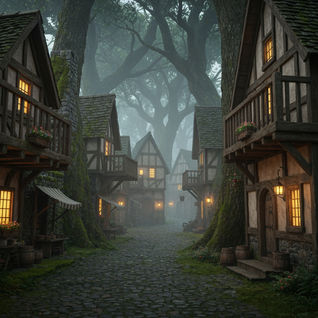 AI Design for 🌲 1. Elderwood Village
Photorealistic cinematic dark-fantasy film still of Elderwood Village, a peaceful medieval woodland settlement hidden among enormous ancient trees. Rustic timber-and-stone houses line a winding cobblestone street, with wooden balconies, flower boxes, hanging lanterns, little market stalls and moss growing naturally over old walls. Tall trees surround the village, their branches forming a canopy overhead. Warm golden lights glow from windows and doorways as evening mist settles between the buildings. A few distant cat villagers can be naturally present, but they are small background figures rather than the focus. Realistic wood, stone, foliage, atmospheric fog, natural imperfections, subtle film grain, realistic lighting, nostalgic fantasy atmosphere, like a still from a live-action dark-fantasy movie. No cartoon, no illustration, no anime, no 3D animation.