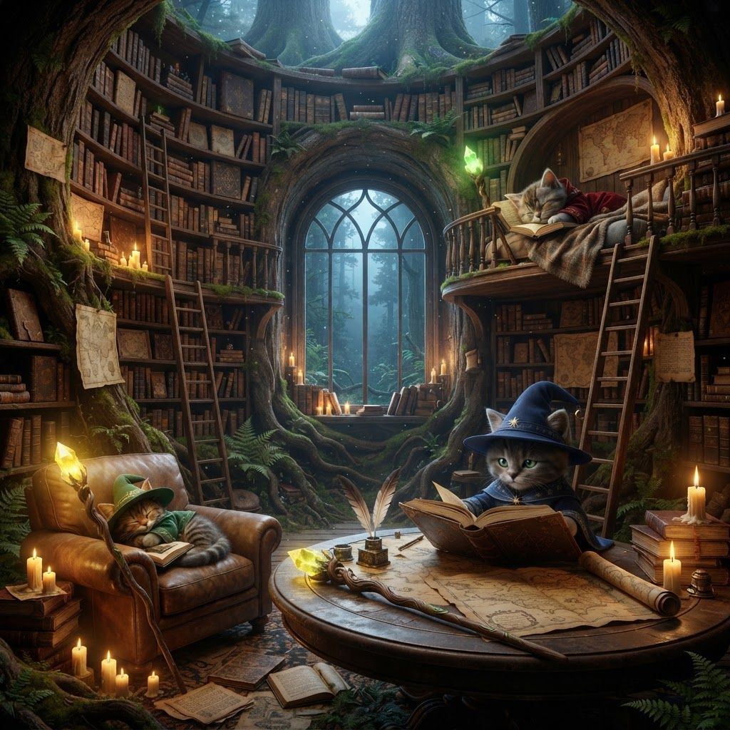 AI Design for 📚 4. Library Floor
PHOTOREALISTIC LIVE-ACTION DARK-FANTASY LIBRARY inside the upper interior of a gigantic hollow tree. A circular library completely integrated into the natural wooden walls of Wizard's Hollow.
Tall curved bookshelves follow the inside of the tree, reaching toward the ceiling and packed with thousands of old spellbooks, journals, maps, scrolls and handwritten manuscripts.
Wooden ladders lean against the shelves. Small reading balconies connect different sections of the room. A large round table sits in the center with open books, ink pots, quills, maps and candles.
Comfortable reading chairs and small tables are positioned beside the walls. Moss and tiny plants grow naturally around some exposed roots.
A large window looks out over the enormous Elderwood forest. Soft daylight filters through the canopy, illuminating floating dust particles and the textured pages of the books.
Ancient, scholarly, cozy and mysterious. Photorealistic wood, paper, leather, fabric and glass, realistic natural lighting, cinematic depth of field, subtle film grain, high-budget live-action dark-fantasy aesthetic. It's warm kind of like midnight it's illuminated beautifully and it has all the cats resting and Reading