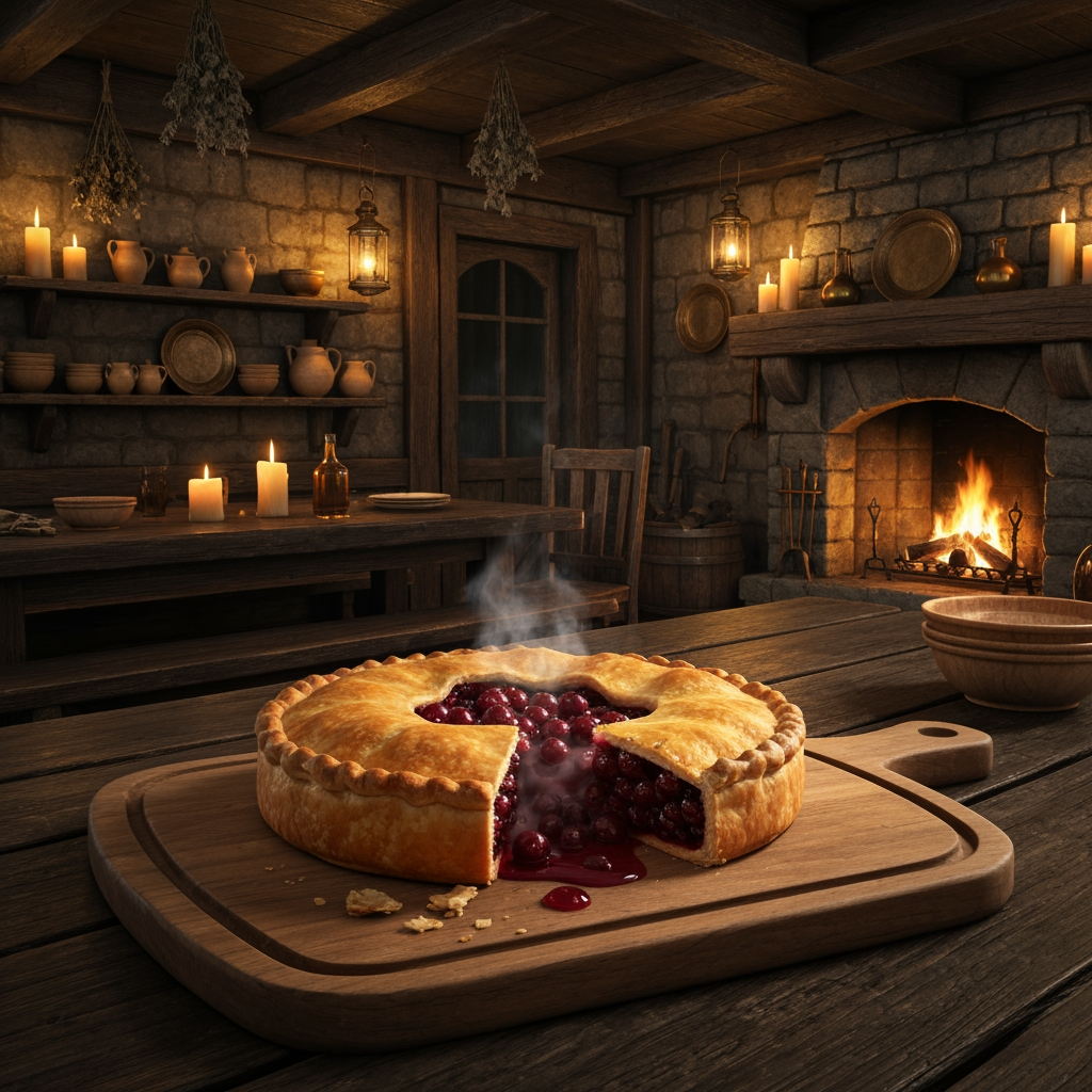 AI Design for 🥧 Example — Thornberry Pie
A rustic Thornberry Pie sits on a heavy wooden serving board. It has a beautifully baked golden-brown flaky crust with slightly uneven handmade edges. Several dark ruby-red Thornberries are visible through a small opening in the crust, with glossy berry filling bubbling gently underneath. A little steam rises from the freshly baked pie. A few crumbs and tiny drops of berry filling sit naturally on the wooden board.
The pie should look extremely appetizing and freshly baked, with realistic pastry layers, glossy fruit filling and warm golden highlights from the fireplace.🍽️ Master Elderwood Tavern Style
Put this at the very beginning of every prompt:
Photorealistic cinematic dark-fantasy food photography inside a cozy medieval woodland tavern in Elderwood. This is a real, physically believable tavern, not an illustration. The interior has aged dark wooden tables, rough stone walls, exposed wooden beams, shelves filled with ceramic dishes and bottles, hanging dried herbs, candles, brass lanterns, and a large stone fireplace. Warm amber firelight and candlelight illuminate the room, creating soft realistic shadows and highlights, while the corners of the tavern remain naturally darker and atmospheric. The scene feels warm, rustic, lived-in and slightly mysterious, like a still frame from a high-budget live-action dark-fantasy film. Realistic materials, realistic food textures, natural imperfections, subtle cinematic film grain, shallow depth of field.
Then add:
The food is the clear centerpiece of the image. It must look genuinely delicious, freshly prepared, warm, edible and appetizing, with realistic textures, steam, moisture, crumbs, sauces and natural imperfections. It should look like real medieval cuisine with fantastical ingredients—not cartoon food, not toy-like food, not plastic, not an illustration. How to catch chef that just finished making your meal and he's looking at you to see if you like it a bipedal cat chef but he's not too like slim and Slender he's that perfect balance to like tall and slightly more chubby so make sure to add the cat understand the cat should be any color you like just a cat chef wearing this like medieval cat kitchen cat cat cat cat cat cat