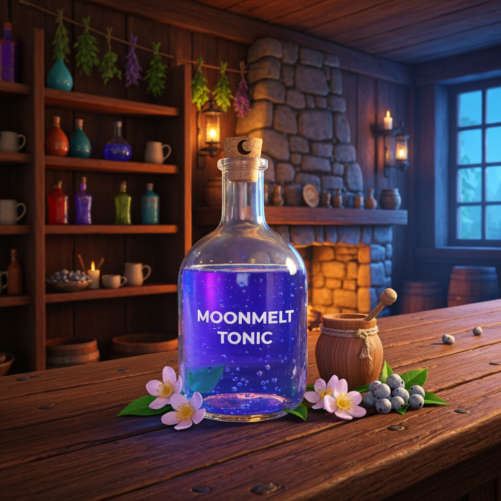 AI Design for 🍹 1. Moonmelt Tonic
Create a realistic cinematic fantasy still-life inside the Bushwhack Tavern in Elderwood. On a beautifully worn wooden tavern counter sits a glass bottle of Moonmelt Tonic, filled with vivid blue-violet liquid that looks physically believable, with translucent liquid, realistic glass reflections, tiny suspended silver particles and subtle natural bubbles. The bottle is handmade and slightly imperfect, with a cork stopper decorated with a tiny crescent-moon carving.
Beside the bottle are realistic Moonmelt Blossoms, Silverdew Berries and a small wooden honey jar, arranged naturally as the ingredients. Behind the counter are wooden shelves containing other colorful bottles, ceramic mugs, herbs hanging from beams and softly glowing lanterns. A stone fireplace casts warm orange light across the tavern while cooler blue light enters through a nearby window.
The environment should feel real and tangible, with physically believable wood grain, glass, liquid refraction, fabric, stone, candlelight and shadows. The fantasy elements should feel naturally integrated into the world rather than looking like cartoon objects.
Flavor: sweet honey, soft berries and a delicate floral finish.
Effect: helps travelers remain alert during long nighttime journeys.
Visual style: realistic medieval woodland fantasy, cinematic photography, natural textures, realistic lighting, vibrant but believable colors, shallow atmospheric depth, handcrafted Elderwood aesthetic, beautiful and nostalgic, no characters, drink prominently centered and completely visible. But here is the thing make it like a realistic a glass bottle from the medieval era like a cat Tavern this is very important and make you like hyper realistic