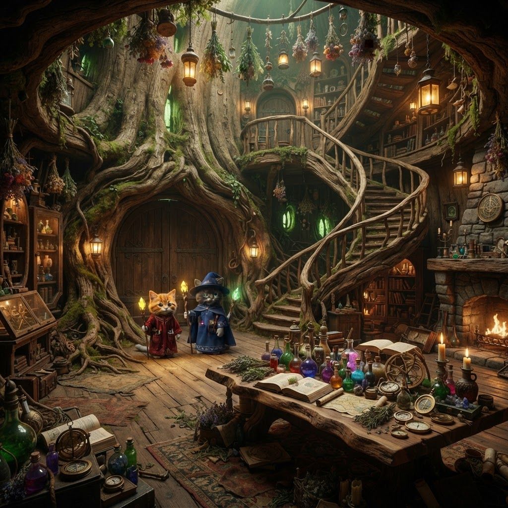 AI Design for 🌳 1. Main Entrance Hall — “Welcome to Wizard's Hollow”
PHOTOREALISTIC LIVE-ACTION DARK-FANTASY FILM STILL. The enormous interior entrance hall of Wizard's Hollow, a magical home built inside a gigantic ancient hollow tree in Elderwood. The room is spacious despite being inside the tree, with enormous curved living-wood walls, exposed roots, moss, vines and natural wooden textures.
Huge double wooden doors are visible behind the viewer's perspective, while the room opens into a grand circular chamber. Three bipedal cat wizards—Walthazar Embermane, Jonathan Bartle Gergenrath and Bartholomew Crumpet—stand naturally together near the center, welcoming visitors.
The room contains a beautiful combination of all three wizards' belongings: colorful potion bottles, books, herbs, crystals, scientific instruments, strange containers, maps, scrolls, candles and magical curiosities. Herbs, lanterns, dried flowers and small objects hang from the ceiling. A large wooden table occupies the center, surrounded by stools and chairs.
A magnificent spiral staircase made from living wood winds upward around the inside of the tree trunk. Small balconies and shelves are built into the walls around it.
Warm fireplace and lantern light illuminate the room, with soft green light filtering through small openings in the tree.
Photorealistic, realistic feline fur and anatomy, realistic wood grain, moss, fabric, glass and stone, cinematic depth of field, subtle film grain, natural practical lighting, high-budget live-action dark-fantasy cinematography. No cartoon, illustration, anime or 3D animation.