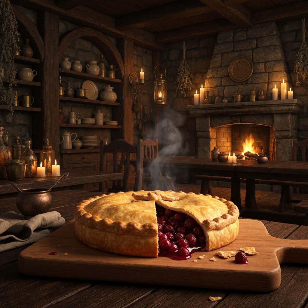 AI Design for 🥧 Example — Thornberry Pie
A rustic Thornberry Pie sits on a heavy wooden serving board. It has a beautifully baked golden-brown flaky crust with slightly uneven handmade edges. Several dark ruby-red Thornberries are visible through a small opening in the crust, with glossy berry filling bubbling gently underneath. A little steam rises from the freshly baked pie. A few crumbs and tiny drops of berry filling sit naturally on the wooden board.
The pie should look extremely appetizing and freshly baked, with realistic pastry layers, glossy fruit filling and warm golden highlights from the fireplace.🍽️ Master Elderwood Tavern Style
Put this at the very beginning of every prompt:
Photorealistic cinematic dark-fantasy food photography inside a cozy medieval woodland tavern in Elderwood. This is a real, physically believable tavern, not an illustration. The interior has aged dark wooden tables, rough stone walls, exposed wooden beams, shelves filled with ceramic dishes and bottles, hanging dried herbs, candles, brass lanterns, and a large stone fireplace. Warm amber firelight and candlelight illuminate the room, creating soft realistic shadows and highlights, while the corners of the tavern remain naturally darker and atmospheric. The scene feels warm, rustic, lived-in and slightly mysterious, like a still frame from a high-budget live-action dark-fantasy film. Realistic materials, realistic food textures, natural imperfections, subtle cinematic film grain, shallow depth of field.
Then add:
The food is the clear centerpiece of the image. It must look genuinely delicious, freshly prepared, warm, edible and appetizing, with realistic textures, steam, moisture, crumbs, sauces and natural imperfections. It should look like real medieval cuisine with fantastical ingredients—not cartoon food, not toy-like food, not plastic, not an illustration. How to catch chef that just finished making your meal and he's looking at you to see if you like it a bipedal cat chef but he's not too like slim and Slender he's that perfect balance to like tall and slightly more chubby so make sure to add the cat understand the cat should be any color you like just a cat chef wearing this like medieval cat kitchen cat cat cat cat cat cat