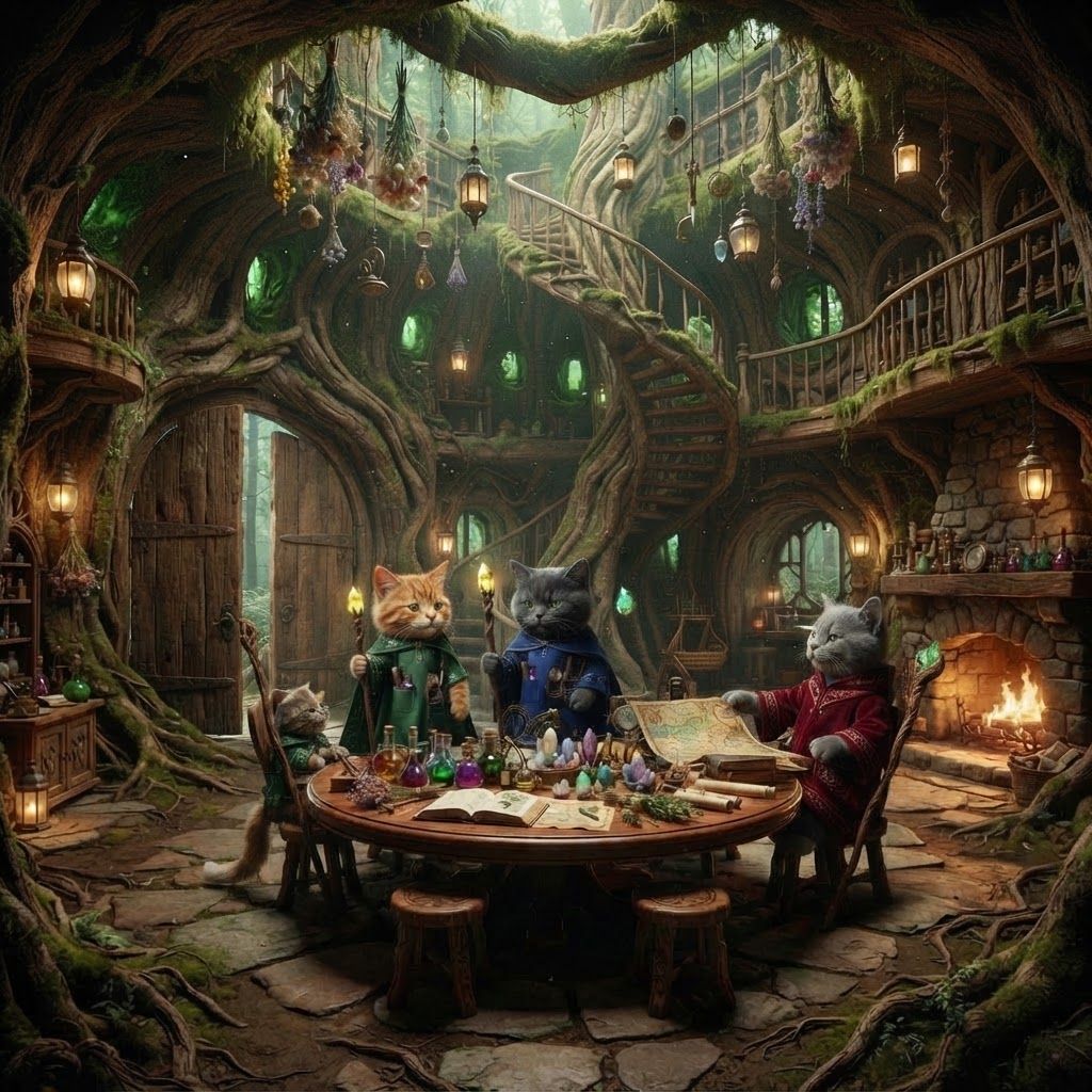 AI Design for 🌳 1. Main Entrance Hall — “Welcome to Wizard's Hollow”
PHOTOREALISTIC LIVE-ACTION DARK-FANTASY FILM STILL. The enormous interior entrance hall of Wizard's Hollow, a magical home built inside a gigantic ancient hollow tree in Elderwood. The room is spacious despite being inside the tree, with enormous curved living-wood walls, exposed roots, moss, vines and natural wooden textures.
Huge double wooden doors are visible behind the viewer's perspective, while the room opens into a grand circular chamber. Three bipedal cat wizards—Walthazar Embermane, Jonathan Bartle Gergenrath and Bartholomew Crumpet—stand naturally together near the center, welcoming visitors.
The room contains a beautiful combination of all three wizards' belongings: colorful potion bottles, books, herbs, crystals, scientific instruments, strange containers, maps, scrolls, candles and magical curiosities. Herbs, lanterns, dried flowers and small objects hang from the ceiling. A large wooden table occupies the center, surrounded by stools and chairs.
A magnificent spiral staircase made from living wood winds upward around the inside of the tree trunk. Small balconies and shelves are built into the walls around it.
Warm fireplace and lantern light illuminate the room, with soft green light filtering through small openings in the tree.
Photorealistic, realistic feline fur and anatomy, realistic wood grain, moss, fabric, glass and stone, cinematic depth of field, subtle film grain, natural practical lighting, high-budget live-action dark-fantasy cinematography. No cartoon, illustration, anime or 3D animation. But actually make the cats rest sit do not take any of their clothes off just make them relax and have fun