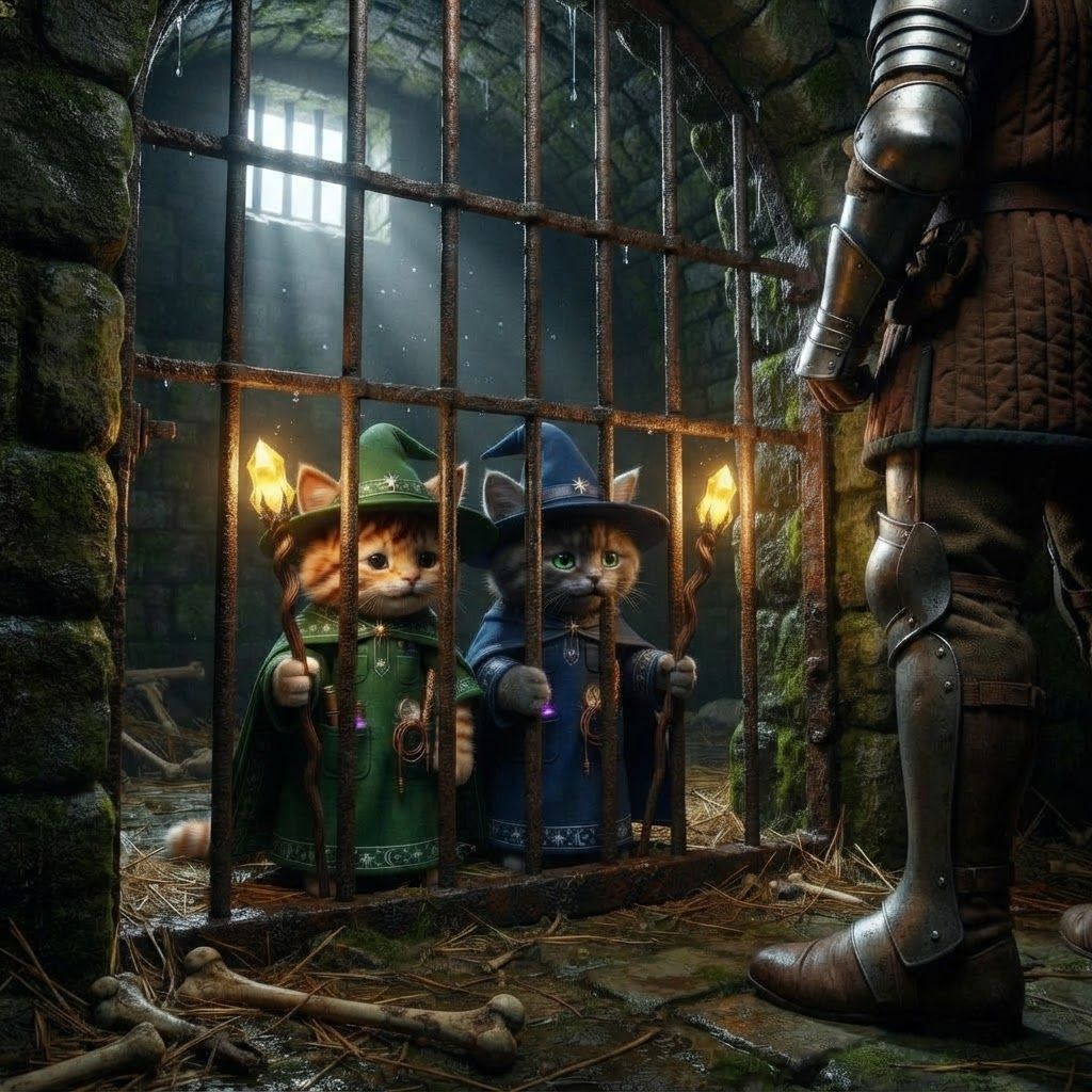 AI Design for Make these two cats friends get stuck in or like a realistic cell like medieval age fantasy stuff like a metal cage and it's all dirty and stuff and they were captured but like human nights or like very tall you know and they're now confined and stuck in the capture their like staffs so they can use them