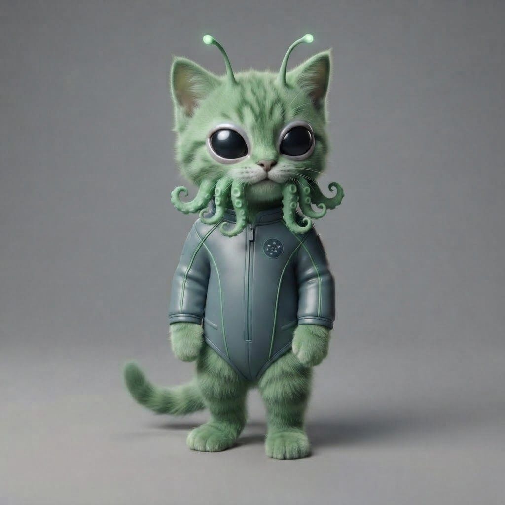 AI Design for All right use this design template as a base for alien cat that is like green it has like completely black eyes with white tint and like give him antennas tentacles and just funny features but don't over complicate the design so give him like really big eyes and alien features and give them like space suit or something but don't over complicate it and remove the the brown mane