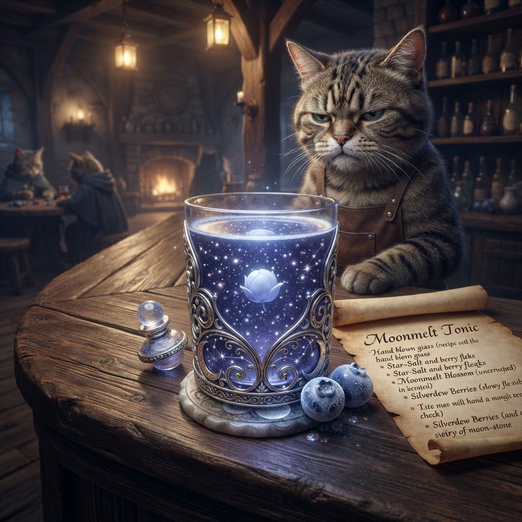 AI Design for Design a cooling potion for a cat fantasy kind of series that is like blue white glittery and include some cool berries along some like Icy flower pod and give it this like special feel like it's in a tavern like served to you nostalgicmake a colorful but don't over complicate the design make it beautiful but not too complicated and just put it in like a glass that's like I was like silver and gold like details and also at a bartender that's a cat and he's a kind of grumpy it's a very nostalgic kind of not too bright kind of darker lighting 🔥 Emberroot Brew
Recipe
2 Emberroot Seeds
1 Emberroot Pod
3 Thorn-Hackleberries
Warm water
Preparation: Crush the Emberroot Seeds and Thorn-Hackleberries together. Split the Emberroot Pod, scrape out its pulp, and mix it into the crushed ingredients. Add warm water gradually and stir until completely combined.
Appearance: A vivid orange-red liquid with swirling green streaks, faintly translucent, with tiny flecks of the crushed berries suspended throughout. A thin layer of golden foam forms on top now do it for this potion do not include the cold potion okaynow do it for this potion do not include the cold potion ok ay 🌙 Moonmelt Tonic
Recipe
1 Moonmelt Blossom
2 Silverdew Berries
1 spoonful of honey
A pinch of Star-Salt
Cool water
Preparation: Let the Moonmelt Blossom soak in cool water without crushing it. Mash the Silverdew Berries separately, then combine them with the flower water. Add honey and a tiny amount of Star-Salt.
Appearance: A deep blue-violet liquid with silvery particles slowly drifting through it. The edges of the drink appear slightly lighter, almost like moonlight now do the moonlight potion only and it only