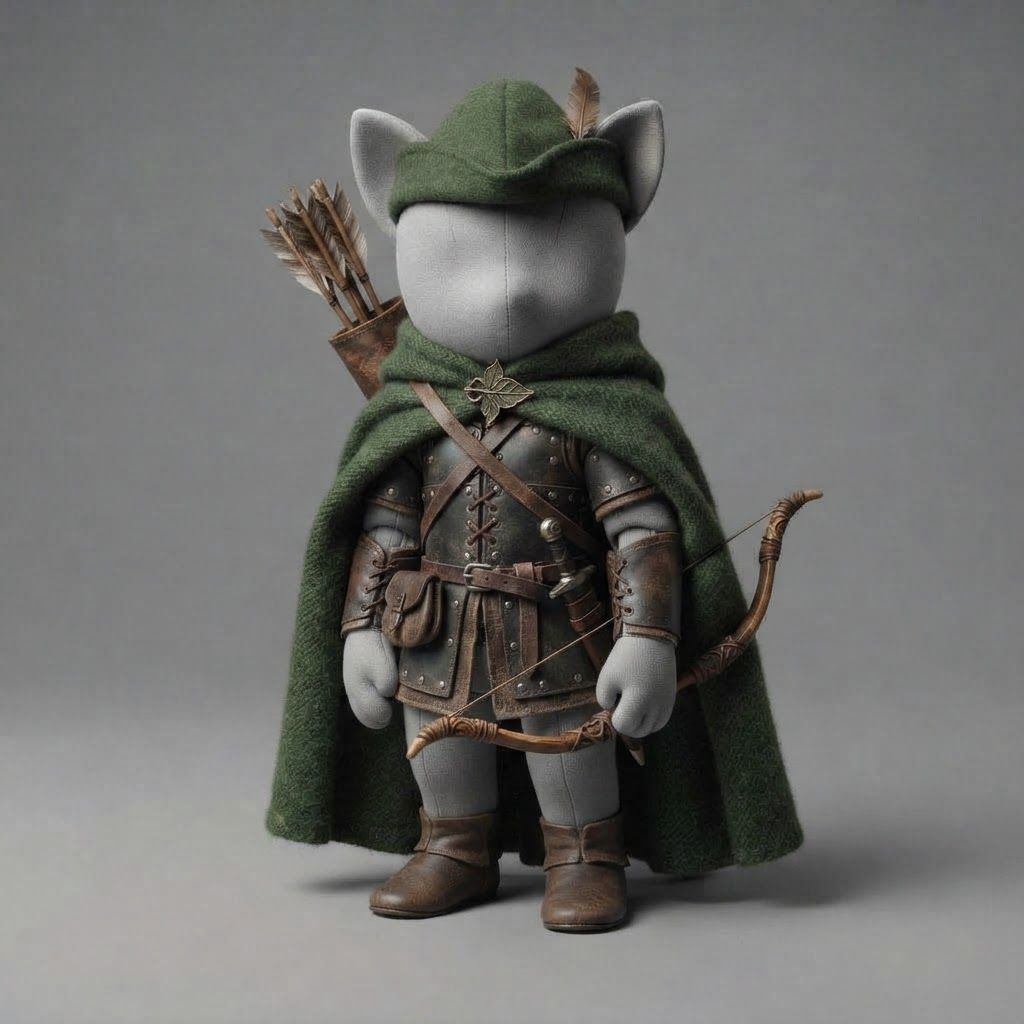 AI Design for I'm running a cat fantasy series and I was thinking of doing outfit variants on a mannequin so design like a an archer with a green hat and green cloak outfit and make it all pretty medieval