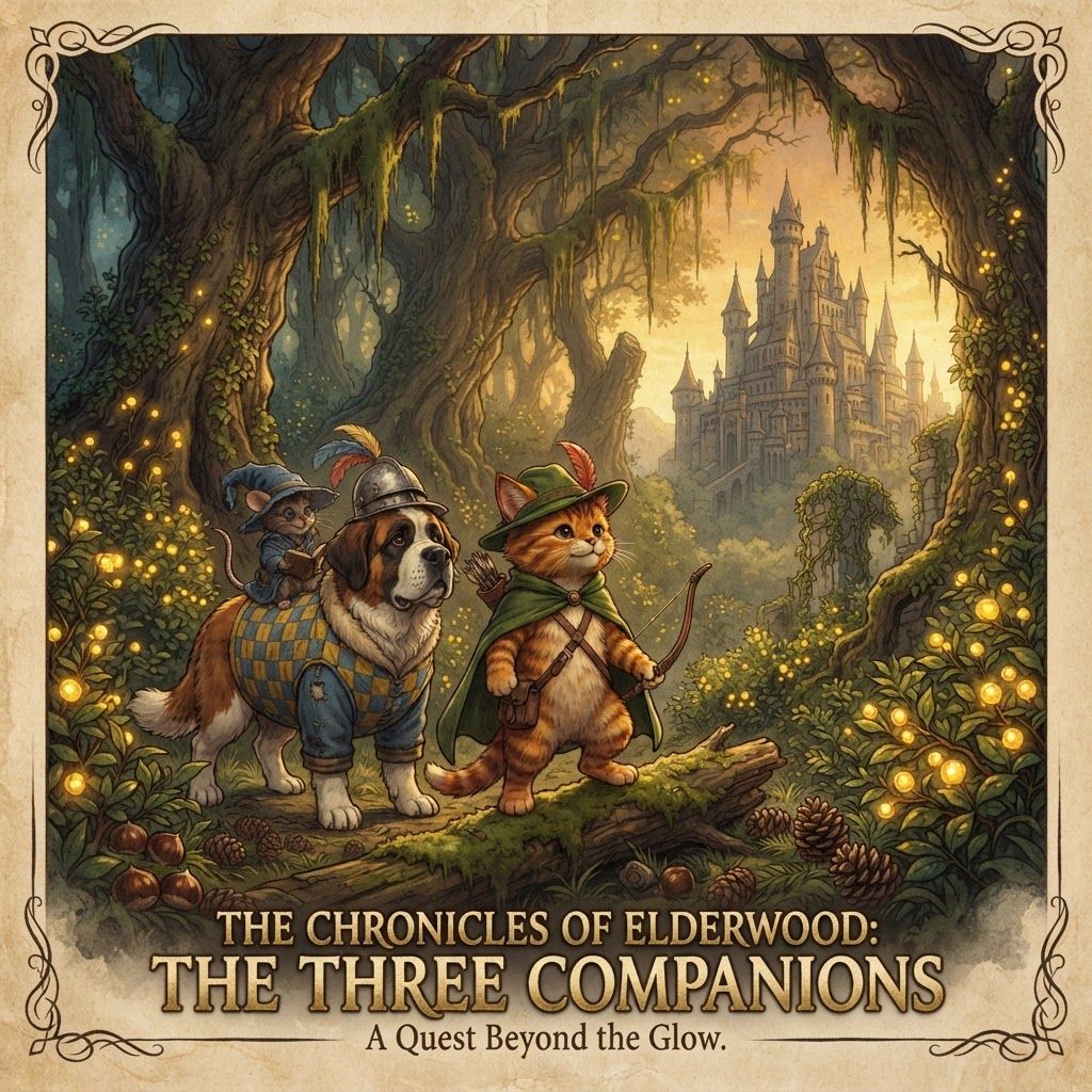 AI Design for Take these three characters well like best friends and pose them in this sort of old fantasy series kind of image where they're in this like Forest named elderwood and it's essentially like this really beautiful Forest with like a warm yellow light but it's kind of midnight yet it's kind of not and you can't really tell but the forest has this particular glow by glow berries that are yellow we have chestnuts pine cones elder wood it's a really old Forest with bushes and beautiful vines hanging everywhere essentially like a really classical forest and then you would have a giant Castle I'm essentially the image layout would be the main character this cat character posing looking at the castle into the wilderness of the of the outside world because he was in the forest and then the other two characters kind of posing and they're all looking and it's like a poster