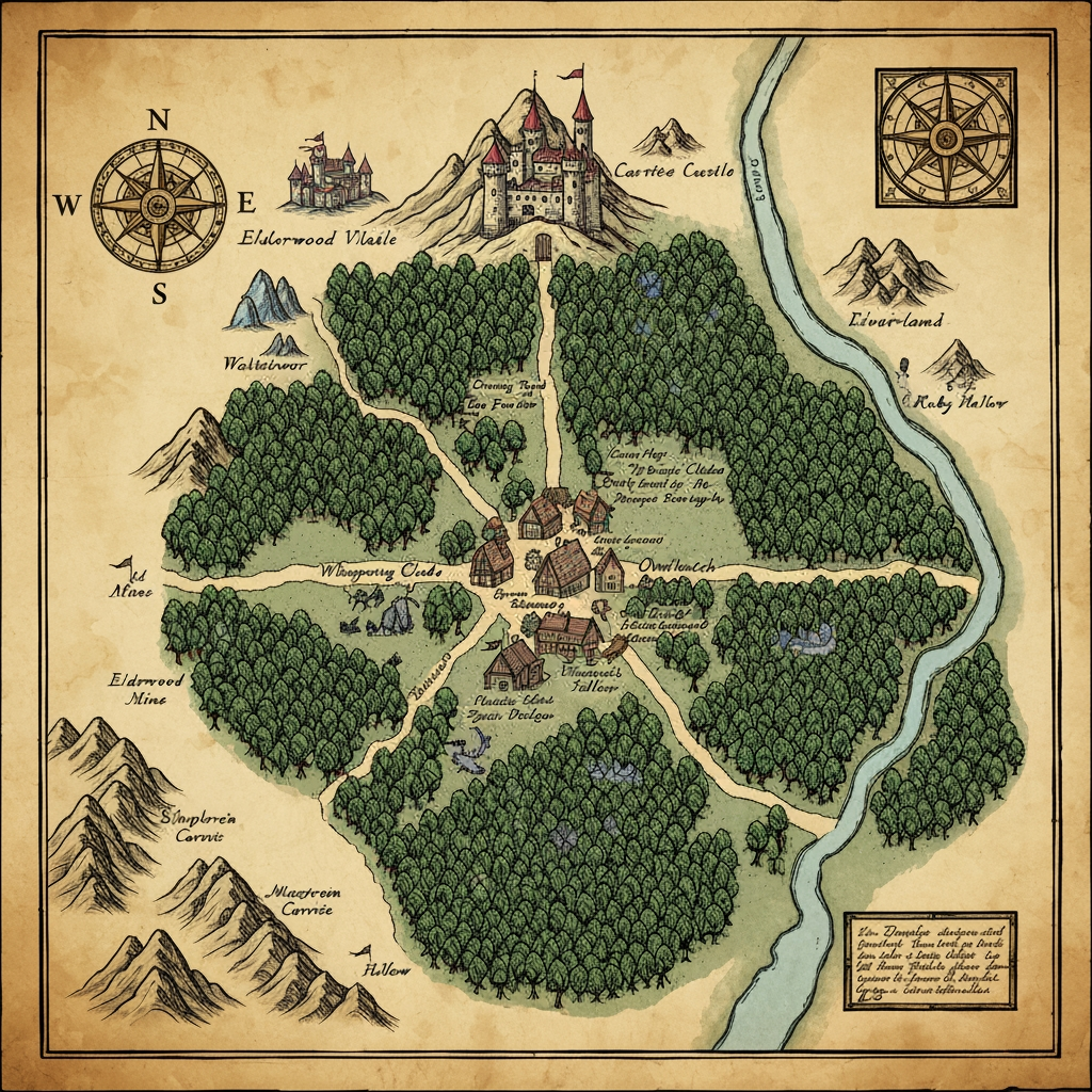 AI Design for The map of Elderwood should feel like an actual old adventurer's map that exists inside your world—not a clean modern game map. I’d picture it as something a cartographer carefully drew by hand over years of exploration.
🗺️ Overall appearance
Old, slightly yellowed parchment, with uneven edges and subtle stains.
Hand-drawn ink illustrations rather than perfectly precise lines.
A mixture of dark brown, muted green, blue, and faded red ink.
Small handwritten notes and symbols scattered around the map.
A decorative compass rose in one corner.
A few little drawings of trees, mountains, castles and creatures around important landmarks.
The map should be detailed enough that you could imagine actually navigating with it.
🌲 The center — Elderwood Village
At the heart of the map is Elderwood Village, surrounded by a huge cluster of illustrated trees.
The village could be represented by:
> 🏘️ Elderwood Village
with tiny drawings of cottages, a tavern and winding paths.
Several paths branch outward from the village.
🌳 The Deepwood
The largest area surrounding Elderwood should be Deepwood.
Instead of drawing every tree individually, use dense clusters of little hand-drawn tree symbols.
Inside Deepwood you could mark:
🌿 Whispering Glade
🌉 Old Root Bridge
💧 Moonstream
🧙 Wizard's Hollow
🦉 Owlwatch
🍄 Mushroom Hollow
Some areas should simply fade into:
> “Unexplored Woodland”
which makes the world feel bigger.
🏰 Northern area — Elderwood Castle
Farther north, beyond the forest, place the Elderwood Castle on a hill.
Draw a tiny but recognizable castle with several towers and a winding road leading toward it.
Around it:
> Castle Road
King's Forest
Old Watchtower
⛏️ Western area — Mines
To the west, the forest becomes rocky and mountainous.
Mark:
> ⛏️ Elderwood Mines
🪨 Silvervein Caverns
💎 Ruby Hollow
Draw little mountain symbols and mine entrances.
🌊 Eastern area — Riverlands
A large winding river could run through the eastern side of the map.
Call it something like:
> Elder River
Then add:
🌉 Old Stone Bridge
🏕️ Riverside Camp
🌾 Meadowfields
🛶 Fishercat Crossing
Eventually the river could disappear off the edge of the map, suggesting that Elderwood is only one part of a much larger world.
🍄 Southern area — Wildwood
The southern forest could become less civilized and much denser.
> The Wildwood
Add strange little symbols for:
Giant mushrooms
Abandoned ruins
Hidden caves
Strange animal tracks
A forgotten shrine
And perhaps a handwritten warning:
> “Paths become unreliable beyond this point.”
🧭 Map details
I'd also add little cartographer touches:
Top: decorative compass rose
Bottom: hand-drawn scale
Corners: tiny sketches of leaves, mushrooms and animals
Edges: handwritten notes about locations
Some areas: deliberately unfinished or faded
And importantly, don't make the entire map perfectly filled in. Leave some blank parchment around the edges.
That gives you the feeling that Elderwood is a real place waiting to be explored, rather than a world where everything has already been discovered. THIS IS A CAT FANTASY SERIES