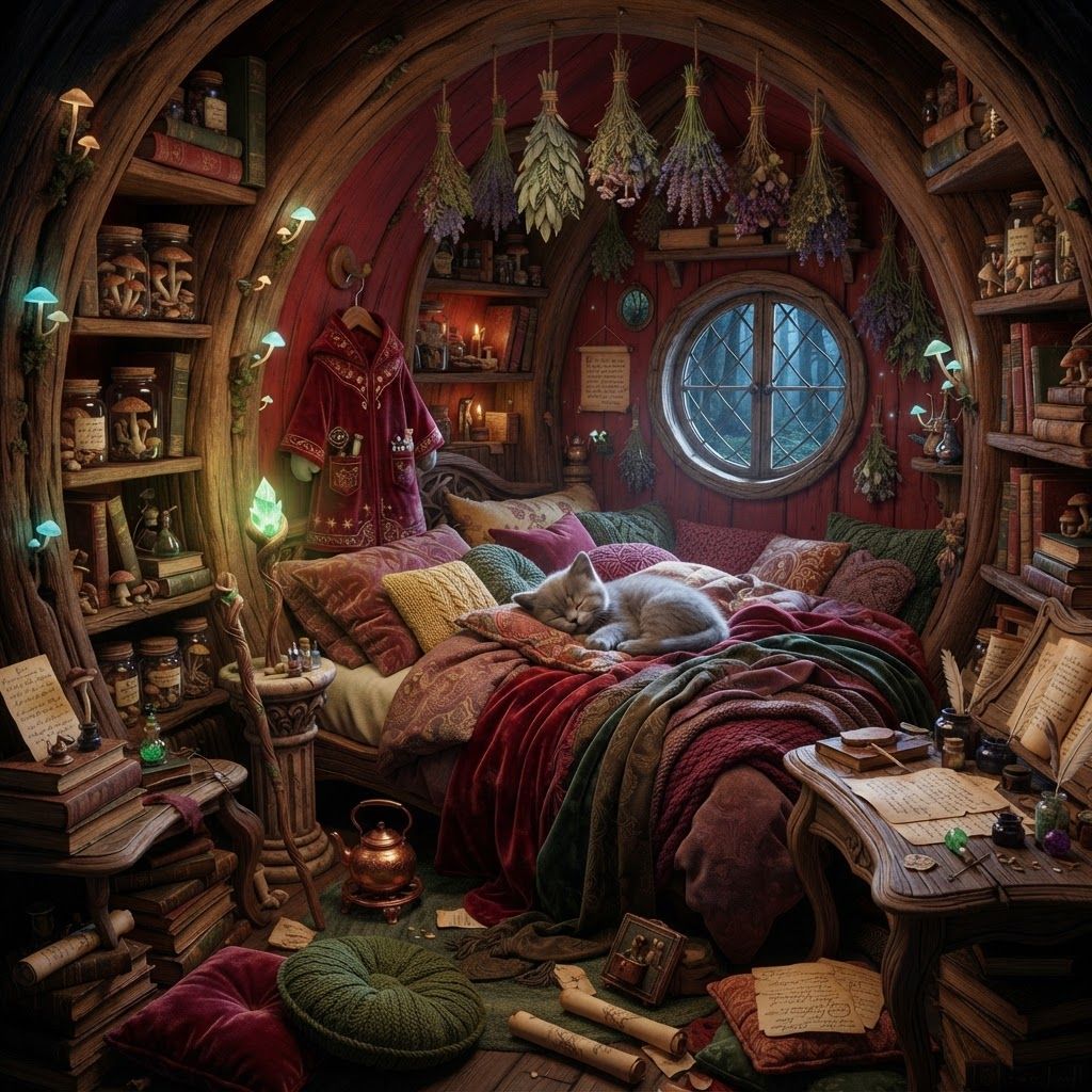AI Design for 🔴 Bartholomew Crumpet's Bedroom
Bartholomew's room should be the messiest and most eccentric of the three.
Deep red and warm brown color palette
A slightly oversized, ridiculously comfortable bed
His red wizard robe hanging from a wooden hook
Green crystal sitting on a little bedside pedestal
Shelves absolutely packed with books, jars and strange ingredients
Bundles of dried herbs hanging from the ceiling
Little mushrooms growing around parts of the tree's interior
A crooked desk covered in notes, ink bottles and half-finished magical experiments
A tiny kettle or teapot beside his bed
Several cushions and blankets scattered around
A small round window looking into the forest
His belongings aren't perfectly organized—everything feels lived-in
The room should still be small and snug, with the curved wooden walls of the hollow tree making it feel like a secret little nest.