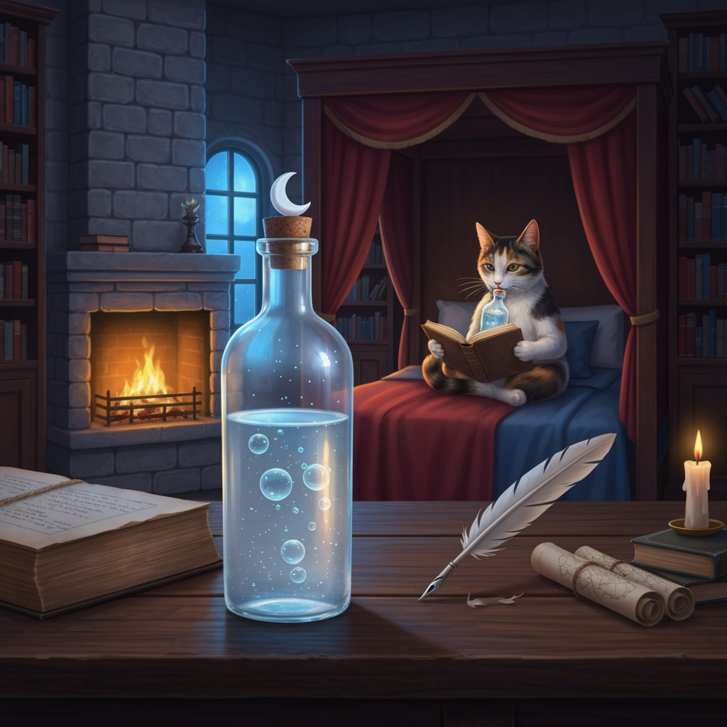 AI Design for 📚🍵 Archive Loft Drinks
🌙 1. Moonmelt Tonic
Flavor:
Sweet honey, soft berries, and a faint floral aftertaste. It finishes with a gentle coolness.
How it's taken:
Served warm or room-temperature in a small glass bottle. The librarian takes slow little sips while reading, rather than drinking it all at once.
Image prompt — drink:
A beautifully presented fantasy drink called Moonmelt Tonic, displayed alone on an old wooden library table inside the Elderwood Archive Loft. A small elegant glass bottle filled with translucent pale-blue liquid, tiny silver-blue particles floating inside, a few moon-shaped bubbles near the surface, a cork stopper decorated with a tiny crescent moon. Beside it are an open ancient book, a quill, rolled maps and a candle. Warm fireplace light reflects beautifully through the bottle, contrasting with cool blue moonlight from the window. Gray, deep red and muted blue surroundings, cinematic realistic woodland fantasy, highly detailed glass and liquid, cozy scholarly atmosphere, no characters, the bottle and drink clearly visible and centered.
Image prompt — drinking:
A realistic calico cat librarian sitting comfortably in the tall four-poster bed of the Elderwood Archive Loft, peacefully reading an old book while holding a small glass bottle of Moonmelt Tonic in one paw and taking a gentle sip. Warm fireplace glowing nearby, gray stone walls, deep red and blue blankets, bookshelves surrounding the room, cozy nighttime atmosphere, cinematic realistic fantasy, natural feline proportions, peaceful and nostalgic.